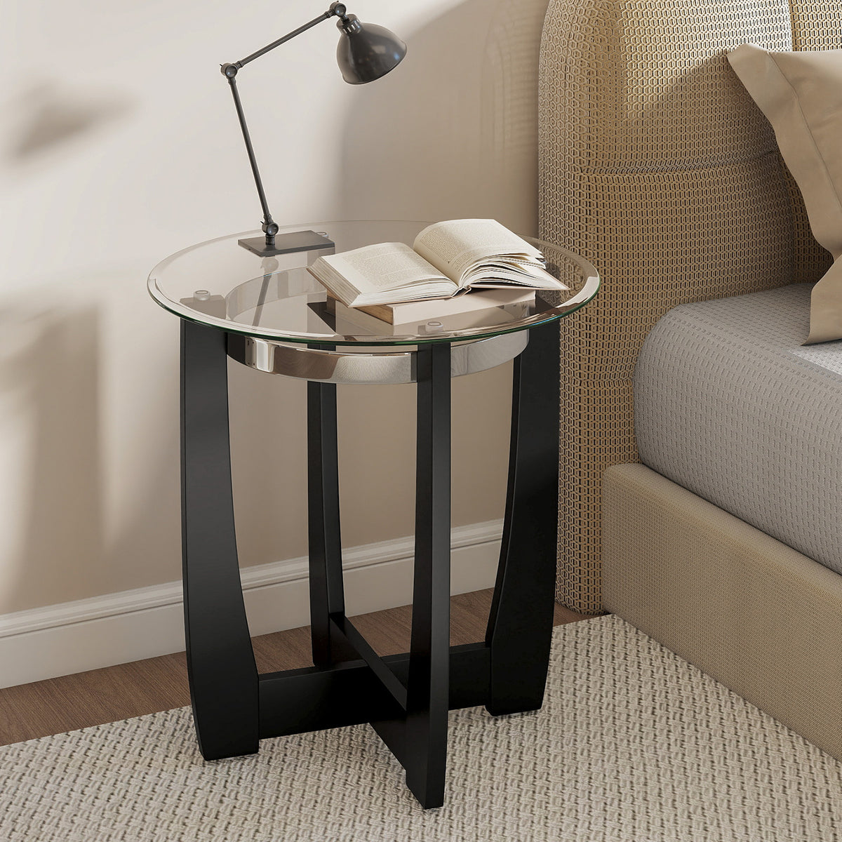 24 Inches Round Side Table with Tempered Glass Top and Solid Rubber Wood Base-Black-End & Side Tables-DECOROLALA