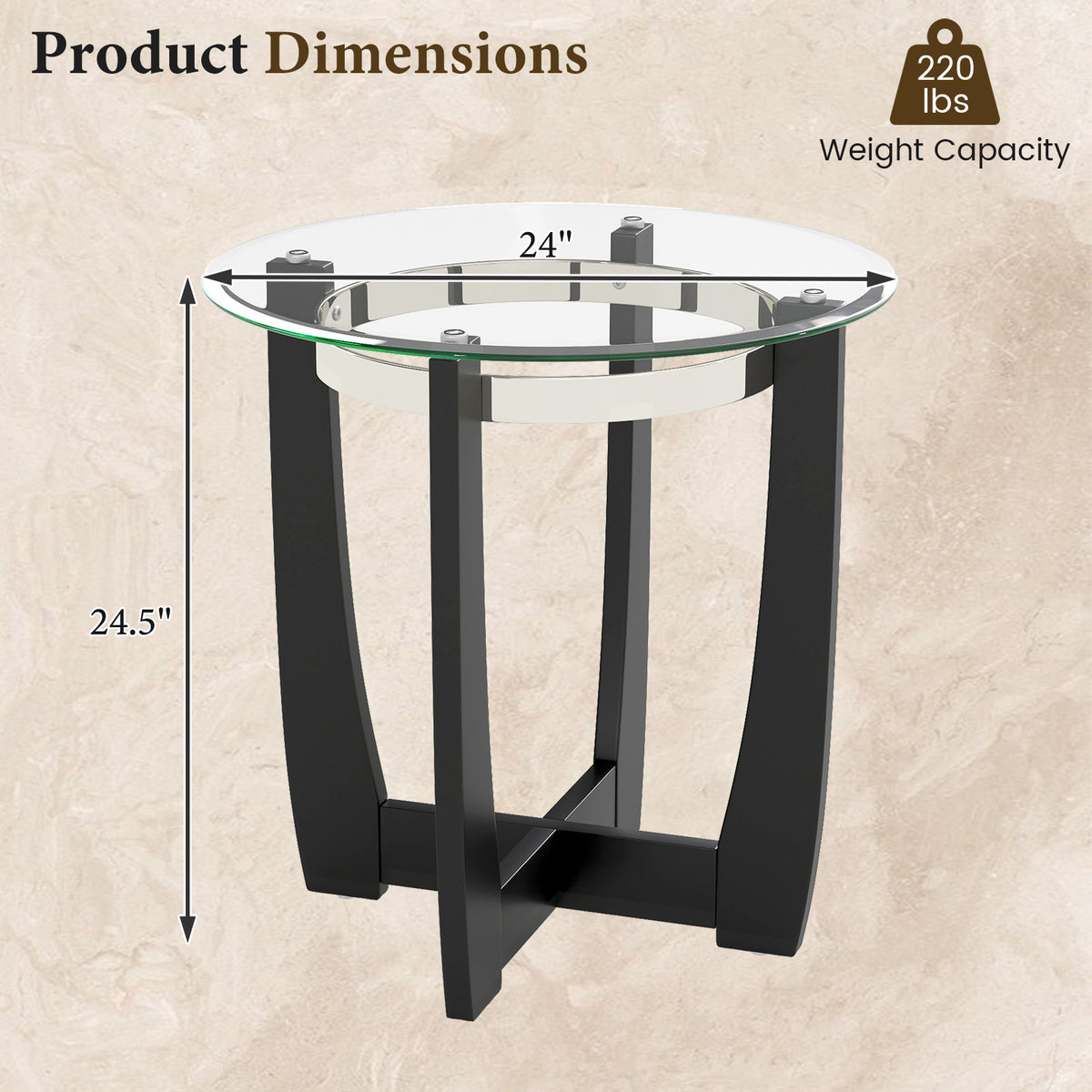 24 Inches Round Side Table with Tempered Glass Top and Solid Rubber Wood Base-Black-End & Side Tables-DECOROLALA