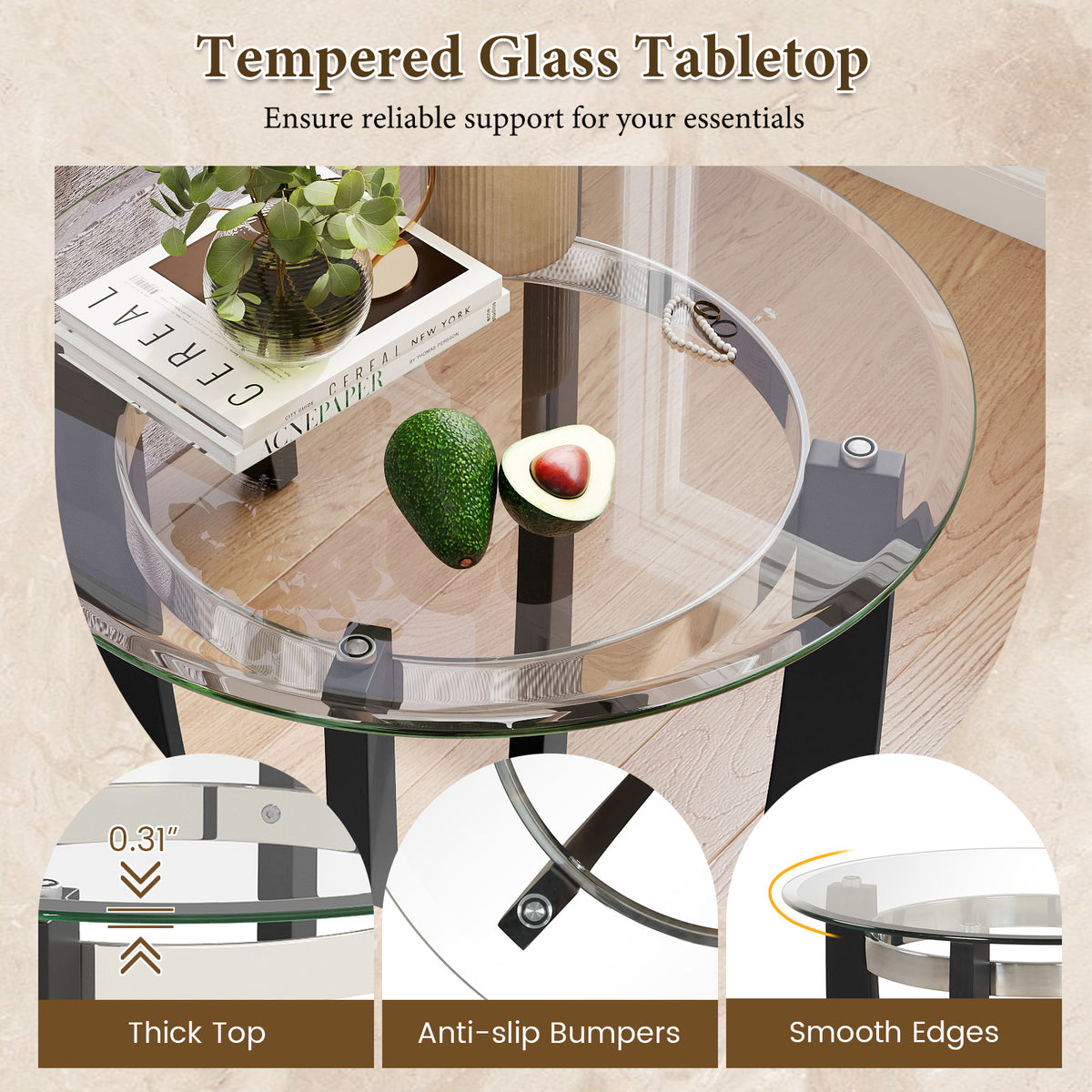 24 Inches Round Side Table with Tempered Glass Top and Solid Rubber Wood Base-Black-End & Side Tables-DECOROLALA