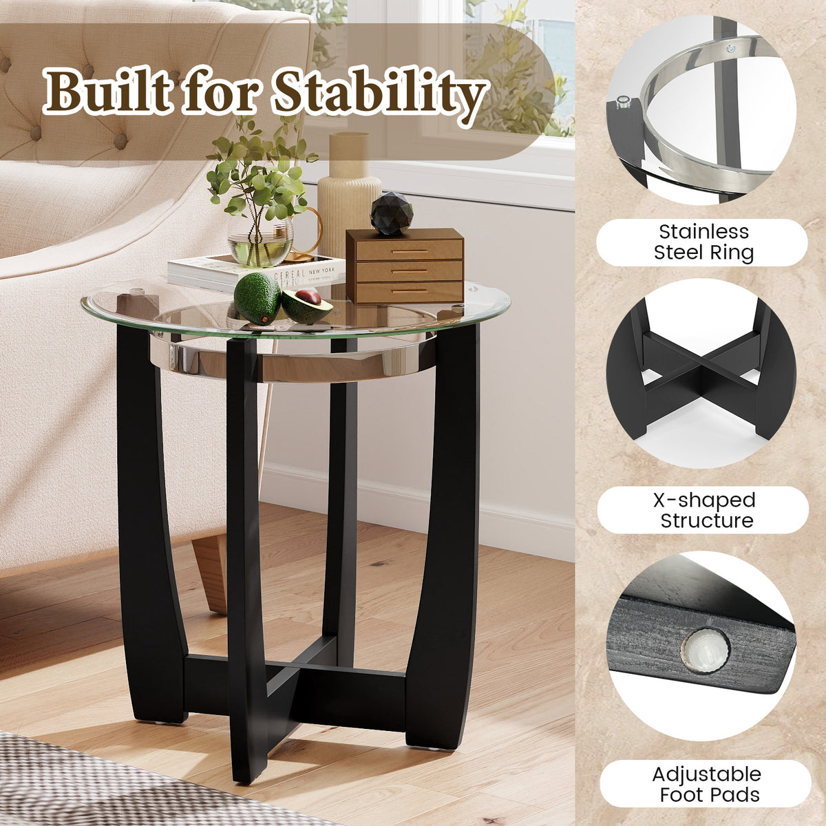 24 Inches Round Side Table with Tempered Glass Top and Solid Rubber Wood Base-Black-End & Side Tables-DECOROLALA