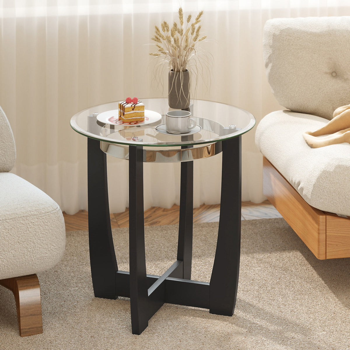 24 Inches Round Side Table with Tempered Glass Top and Solid Rubber Wood Base-Black-End & Side Tables-DECOROLALA