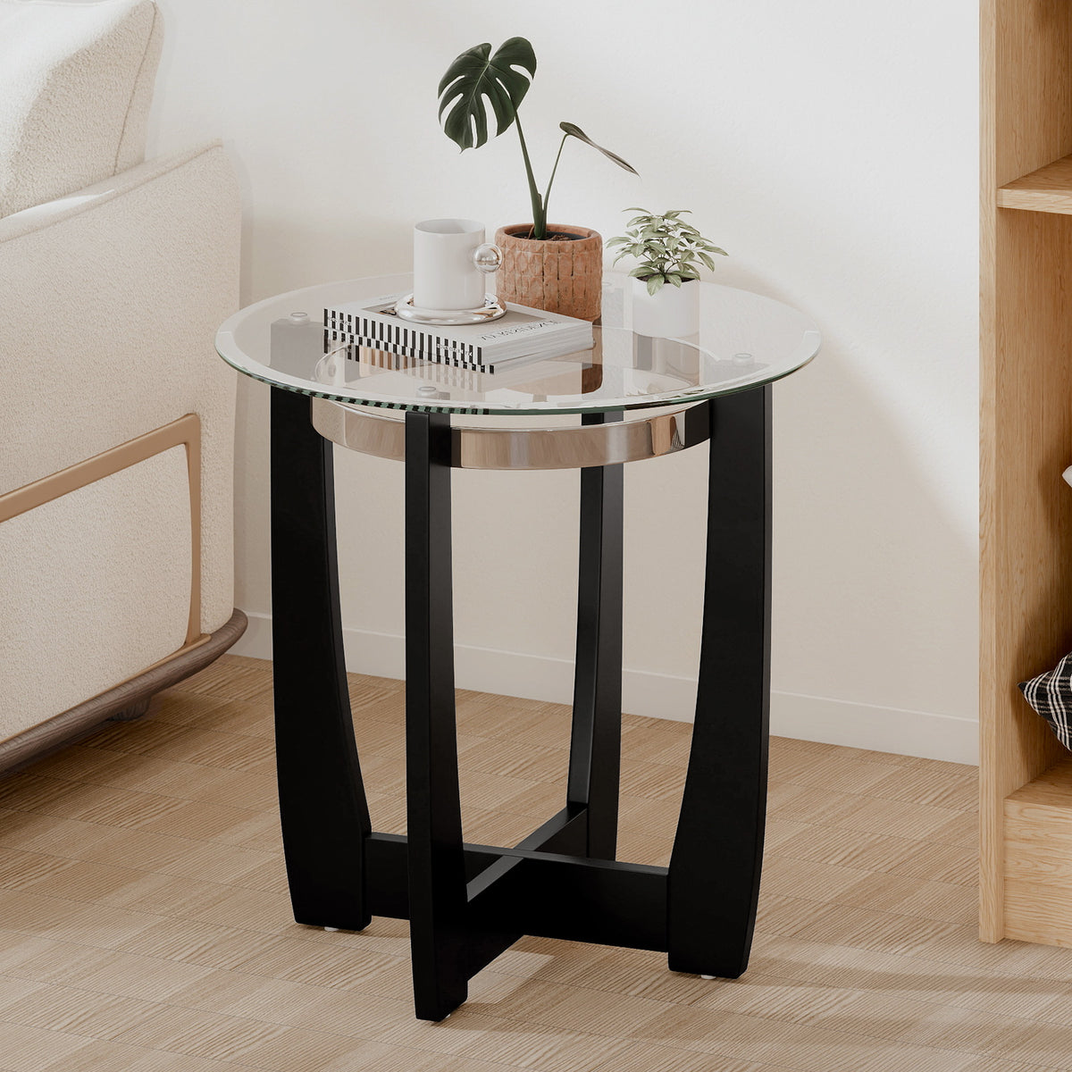 24 Inches Round Side Table with Tempered Glass Top and Solid Rubber Wood Base-Black-End & Side Tables-DECOROLALA