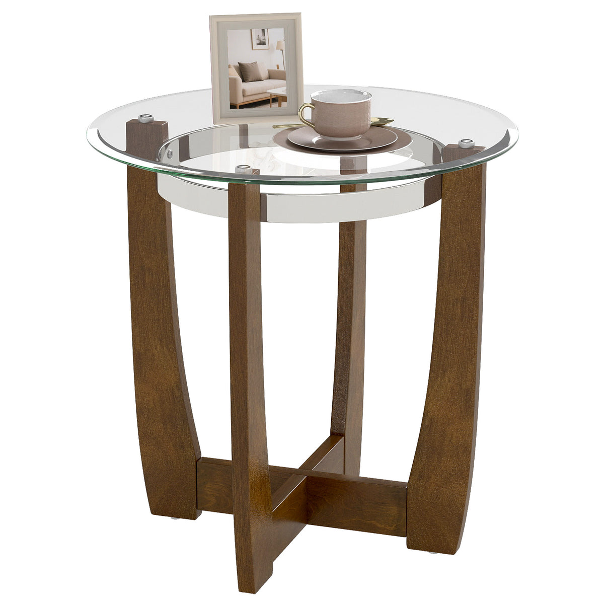 24 Inches Round Side Table with Tempered Glass Top and Solid Rubber Wood Base-Walnut-End & Side Tables-DECOROLALA