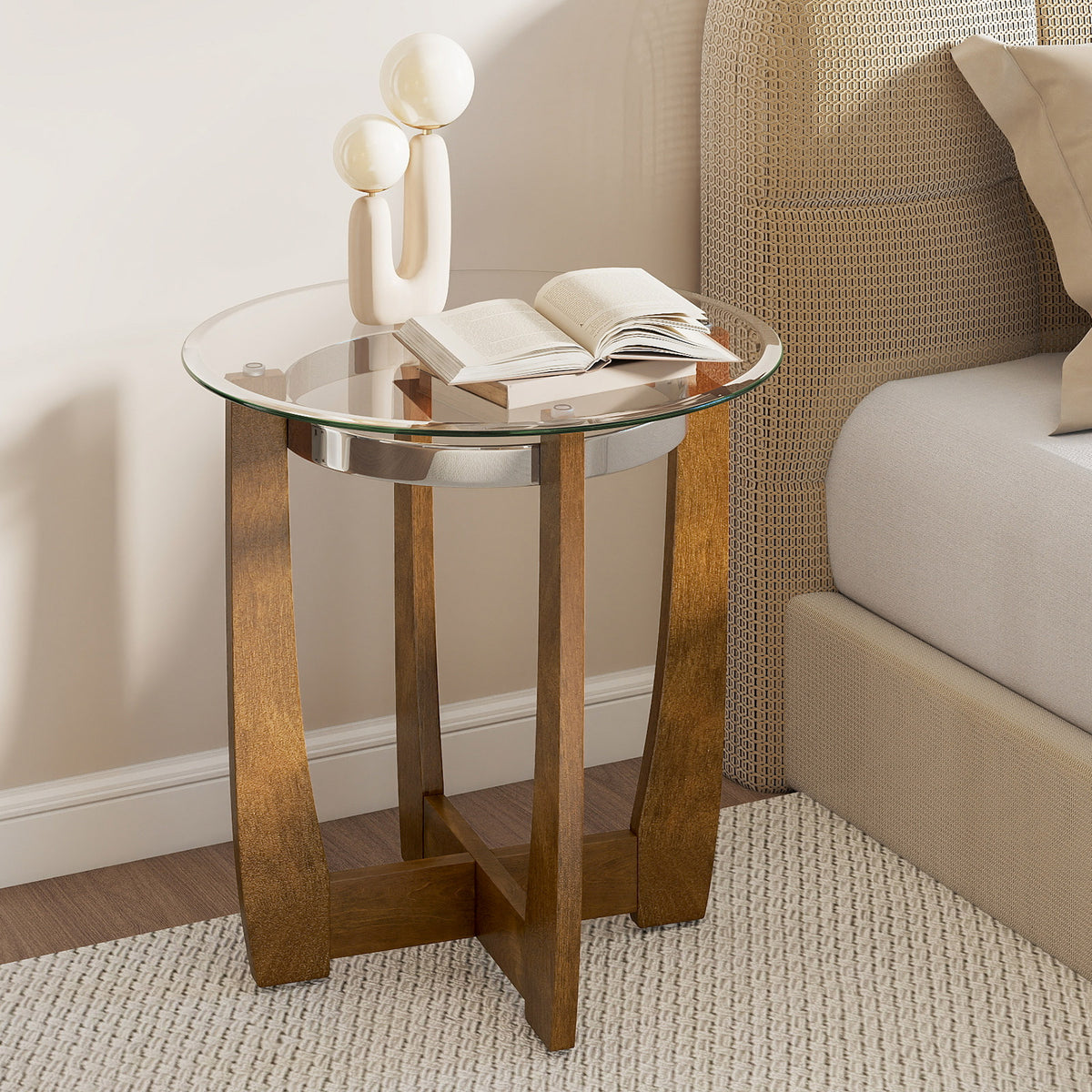 24 Inches Round Side Table with Tempered Glass Top and Solid Rubber Wood Base-Walnut-End & Side Tables-DECOROLALA