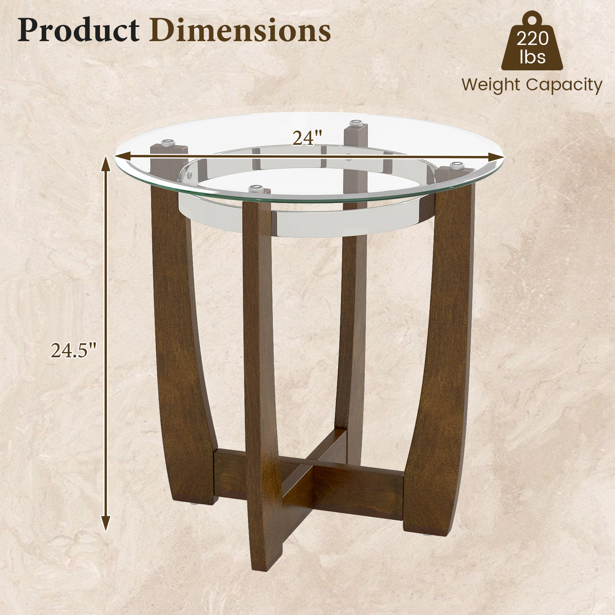 24 Inches Round Side Table with Tempered Glass Top and Solid Rubber Wood Base-Walnut-End & Side Tables-DECOROLALA