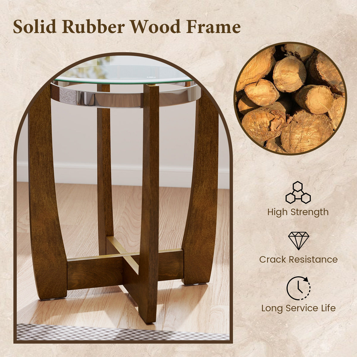 24 Inches Round Side Table with Tempered Glass Top and Solid Rubber Wood Base-Walnut-End & Side Tables-DECOROLALA