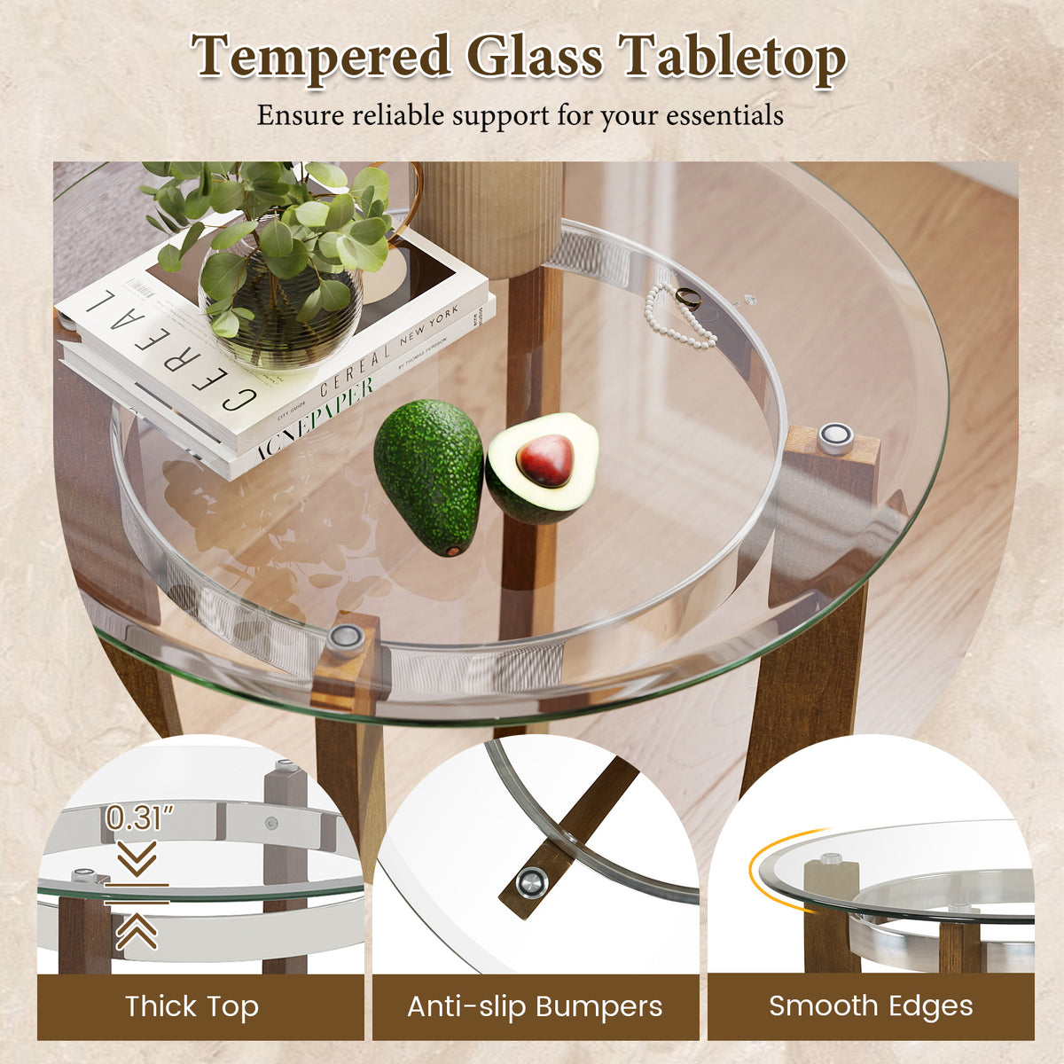 24 Inches Round Side Table with Tempered Glass Top and Solid Rubber Wood Base-Walnut-End & Side Tables-DECOROLALA