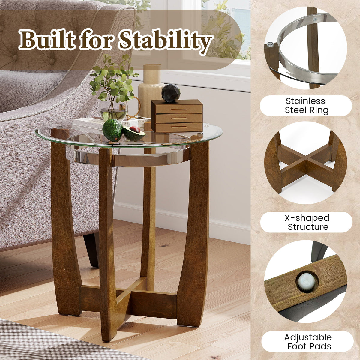 24 Inches Round Side Table with Tempered Glass Top and Solid Rubber Wood Base-Walnut-End & Side Tables-DECOROLALA