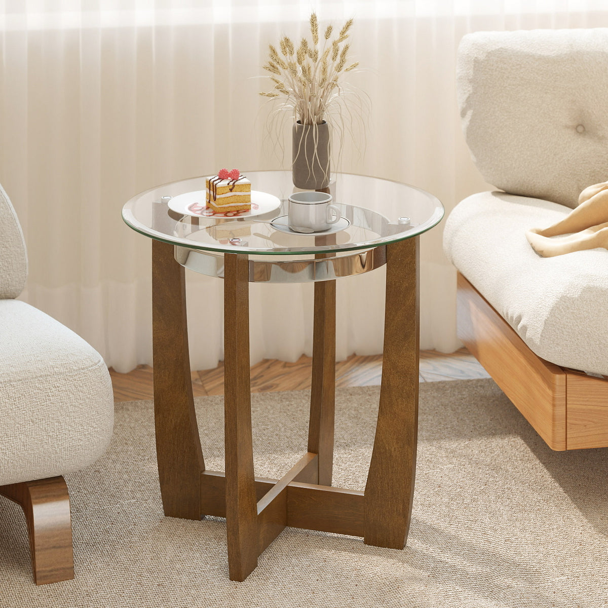 24 Inches Round Side Table with Tempered Glass Top and Solid Rubber Wood Base-Walnut-End & Side Tables-DECOROLALA