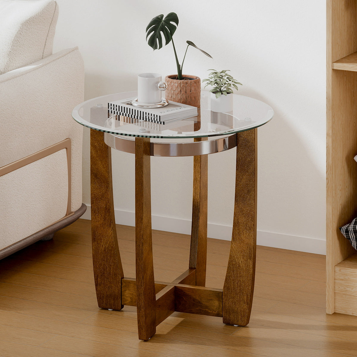 24 Inches Round Side Table with Tempered Glass Top and Solid Rubber Wood Base-Walnut-End & Side Tables-DECOROLALA