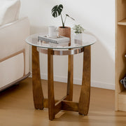 24 Inches Round Side Table with Tempered Glass Top and Solid Rubber Wood Base-Walnut-End & Side Tables-DECOROLALA