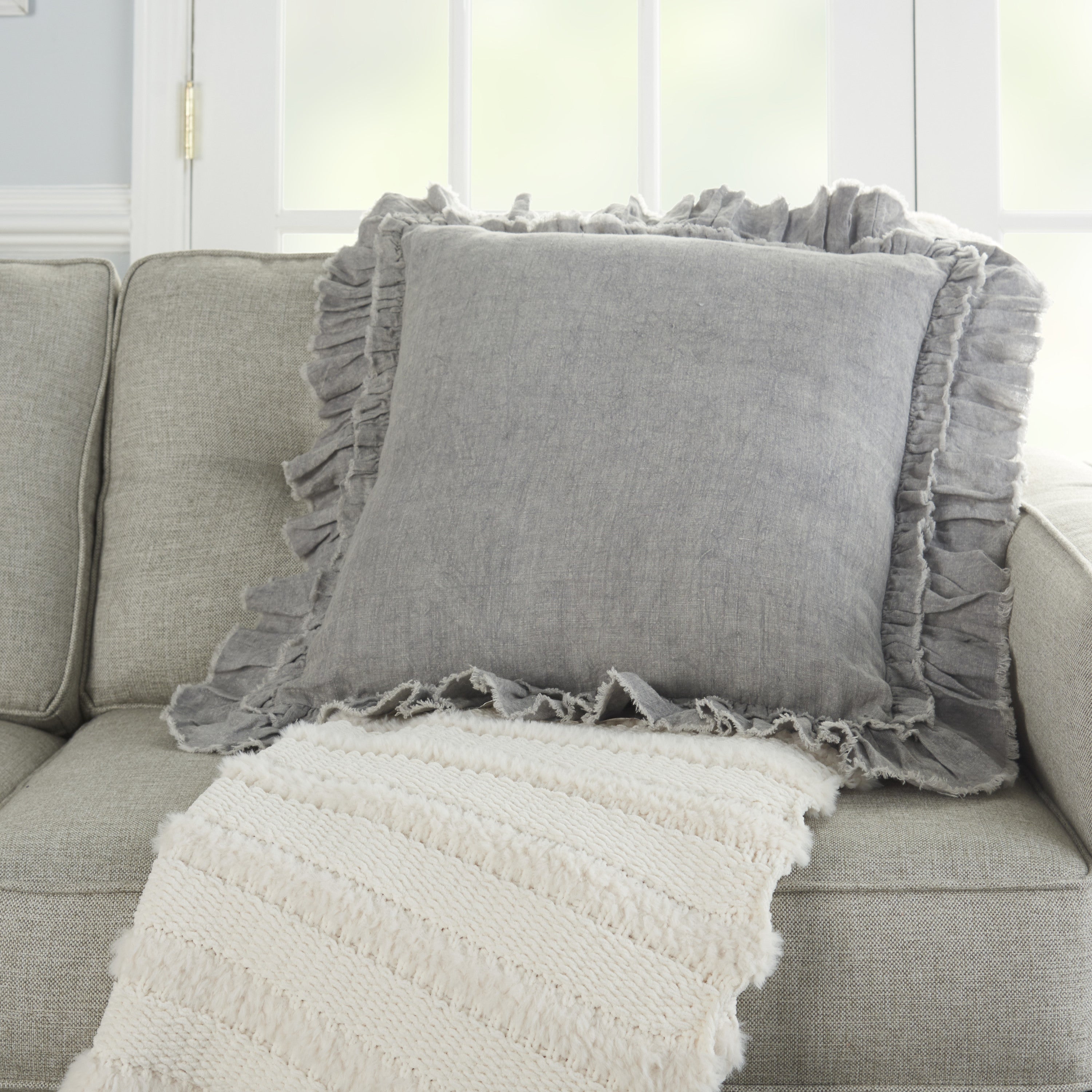 24" Light Gray Pillow With Ruffled Edges-Accent Throw Pillows-DECOROLALA
