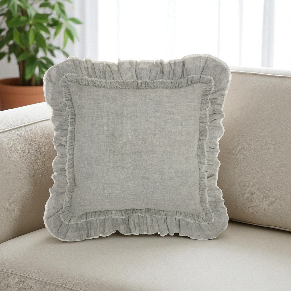 24" Light Gray Pillow With Ruffled Edges-Accent Throw Pillows-DECOROLALA