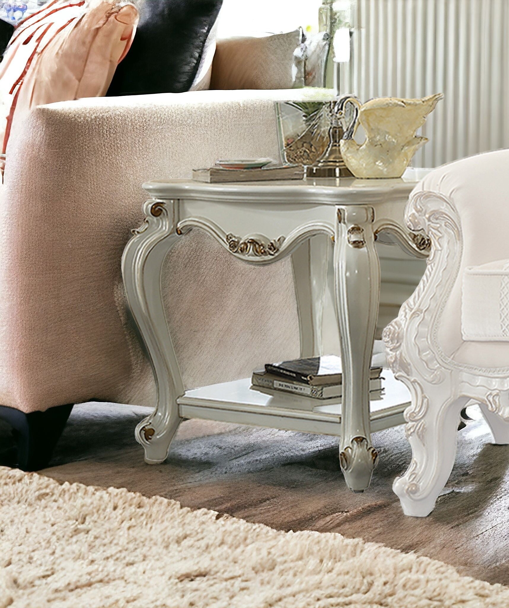 24" Light Gray Solid Wood End Table With Shelf-End-Side Tables-DECOROLALA