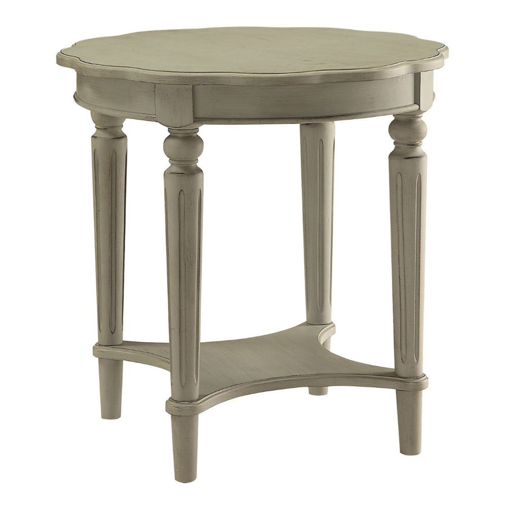 24" Light Slate Gray Solid Wood Round End Table With Shelf-End-Side Tables-DECOROLALA