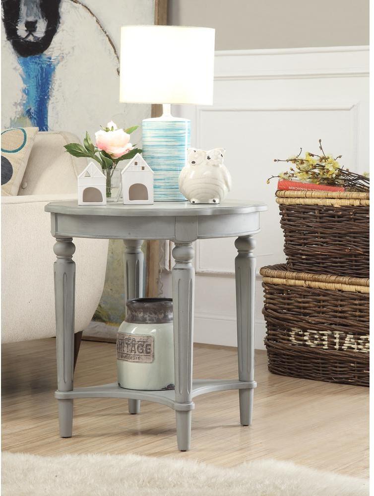 24" Light Slate Gray Solid Wood Round End Table With Shelf-End-Side Tables-DECOROLALA