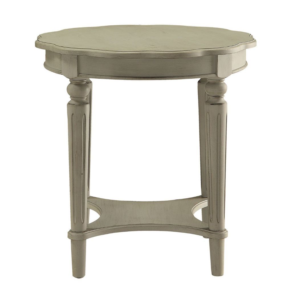 24" Light Slate Gray Solid Wood Round End Table With Shelf-End-Side Tables-DECOROLALA