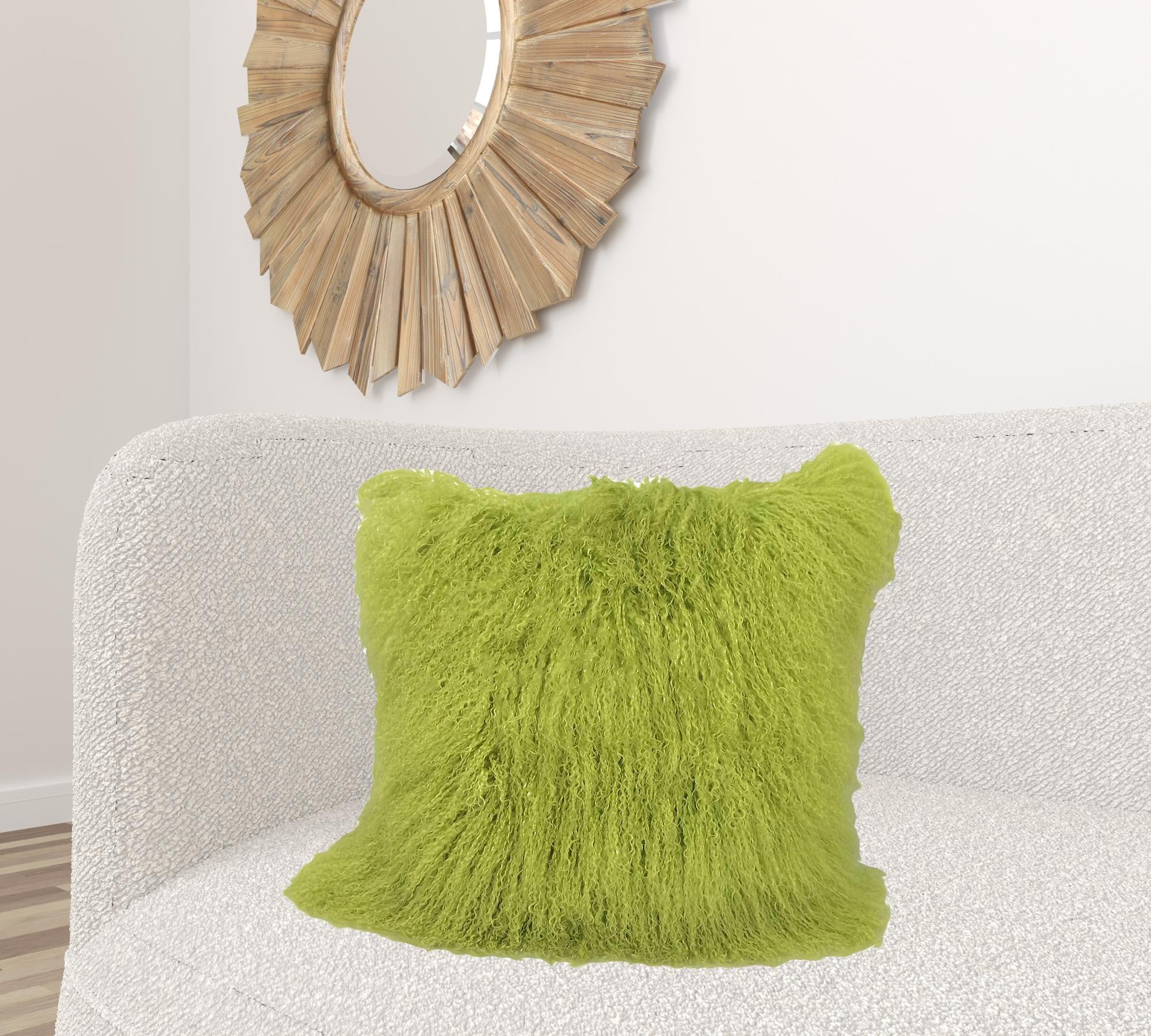 24" Lime Green Genuine Tibetan Lamb Fur Pillow With Microsuede Backing-Accent Throw Pillows-DECOROLALA