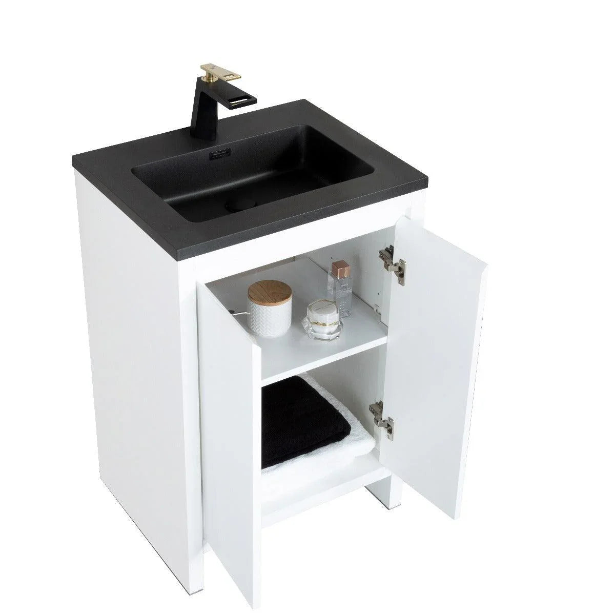 24" Matte White Freestanding Bathroom Vanity with Black Engineered Quartz Countertop-Migration_Bathroom Vanities-DECOROLALA