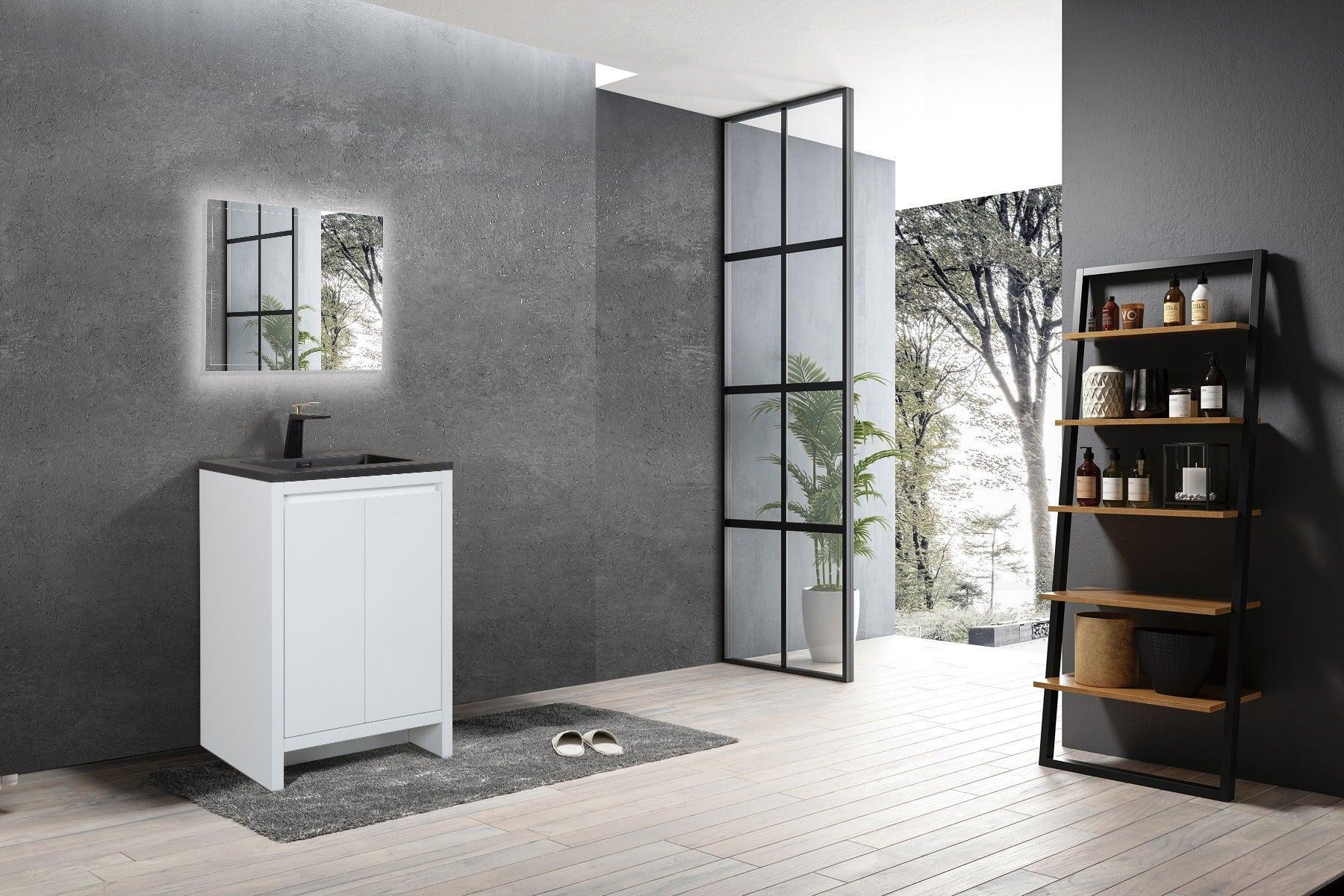 24" Matte White Freestanding Bathroom Vanity with Black Engineered Quartz Countertop-Migration_Bathroom Vanities-DECOROLALA