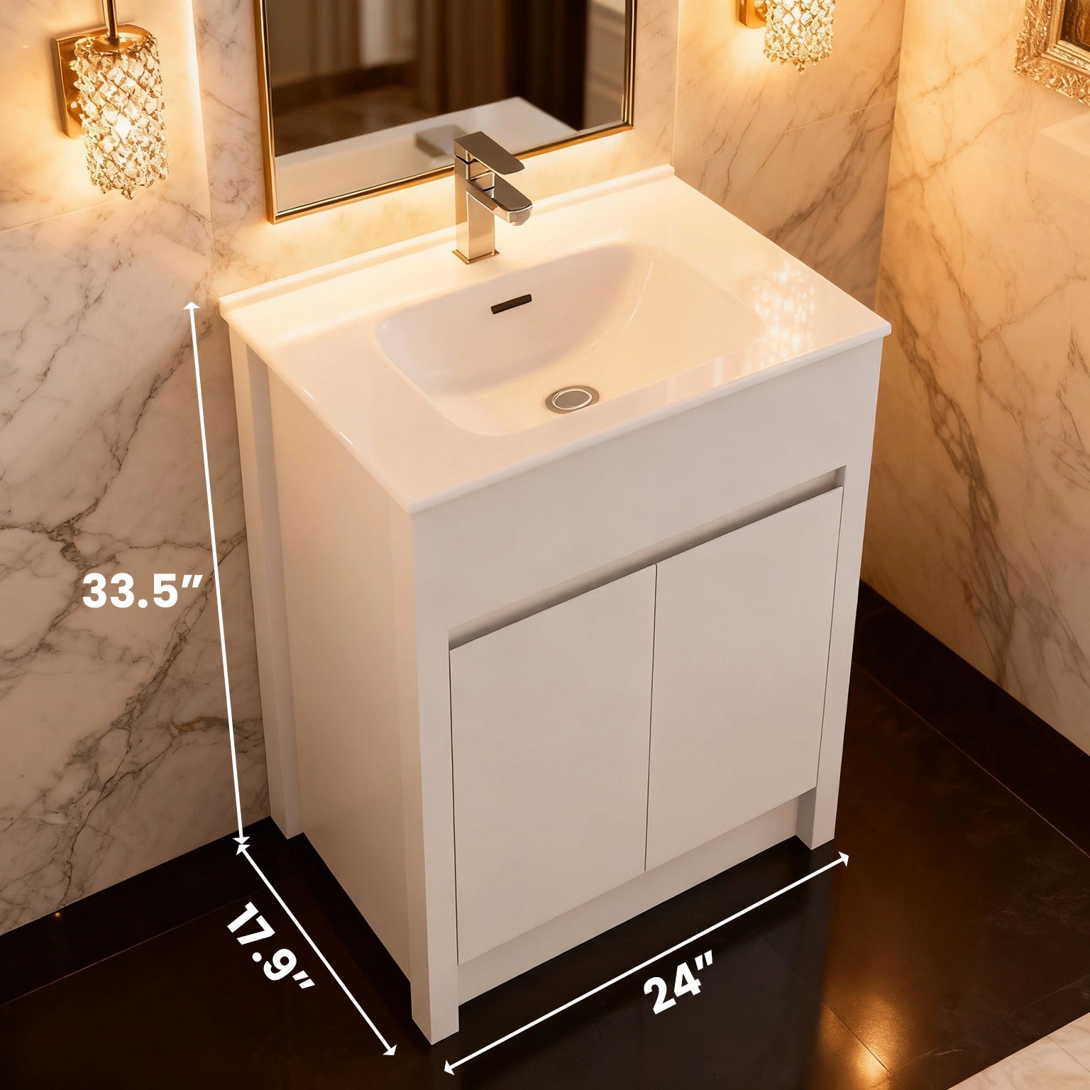 24" Matte White Freestanding Bathroom Vanity with White Ceramic Countertop-Migration_Bathroom Vanities-DECOROLALA
