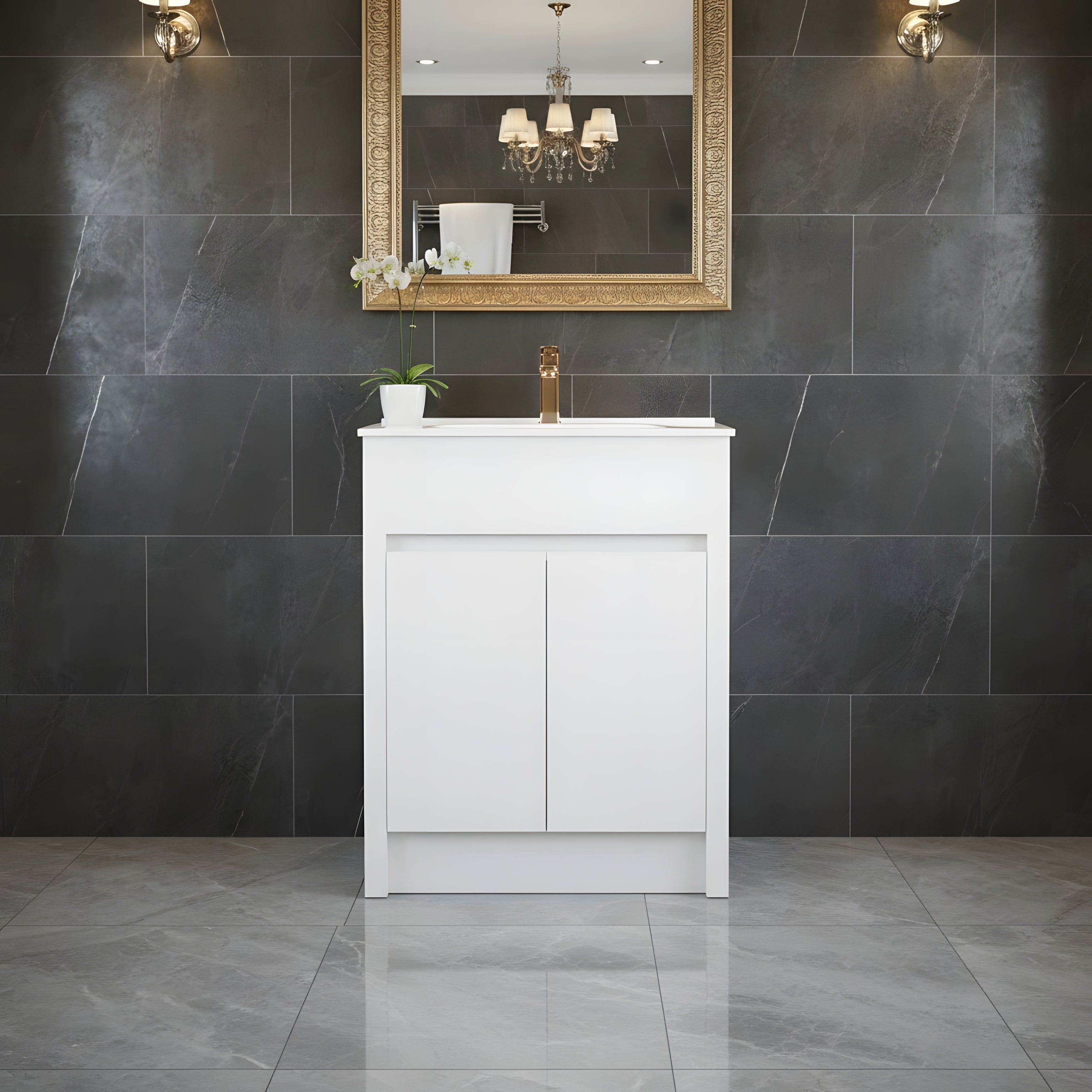 24" Matte White Freestanding Bathroom Vanity with White Ceramic Countertop-Migration_Bathroom Vanities-DECOROLALA