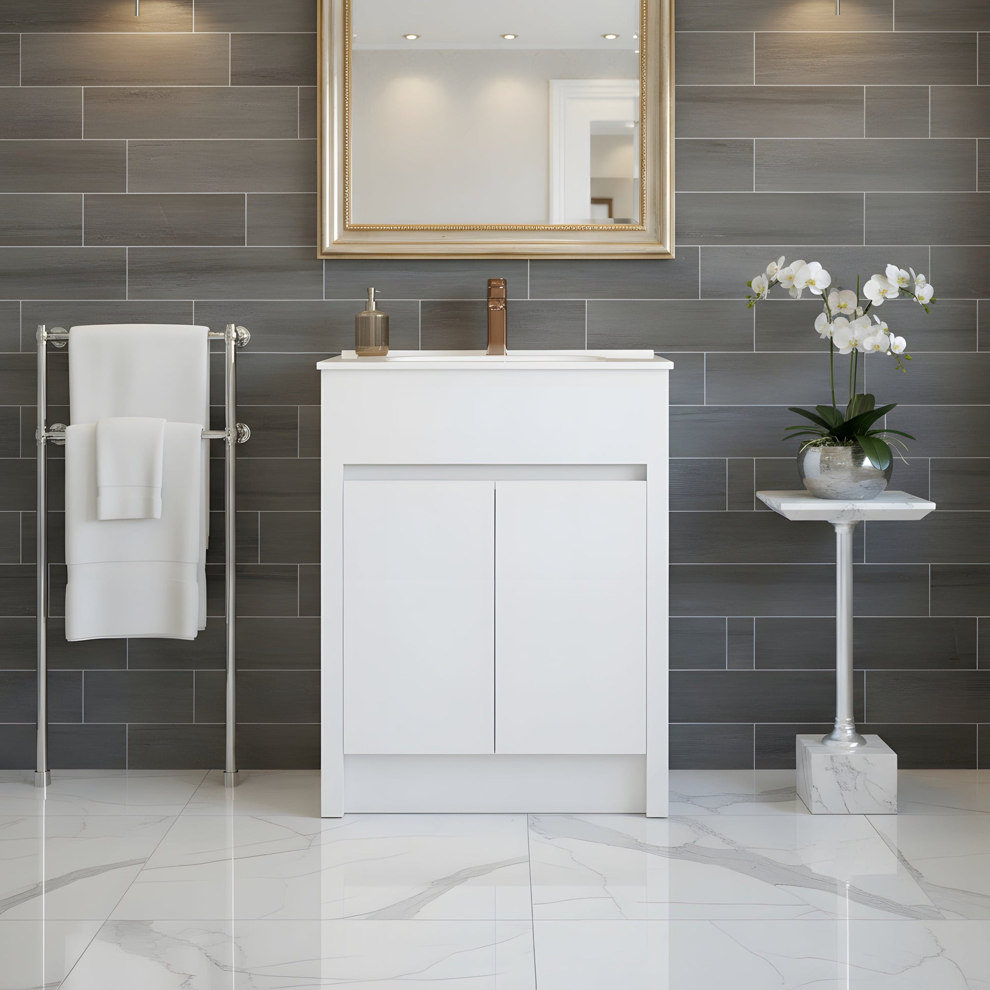 24" Matte White Freestanding Bathroom Vanity with White Ceramic Countertop-Migration_Bathroom Vanities-DECOROLALA