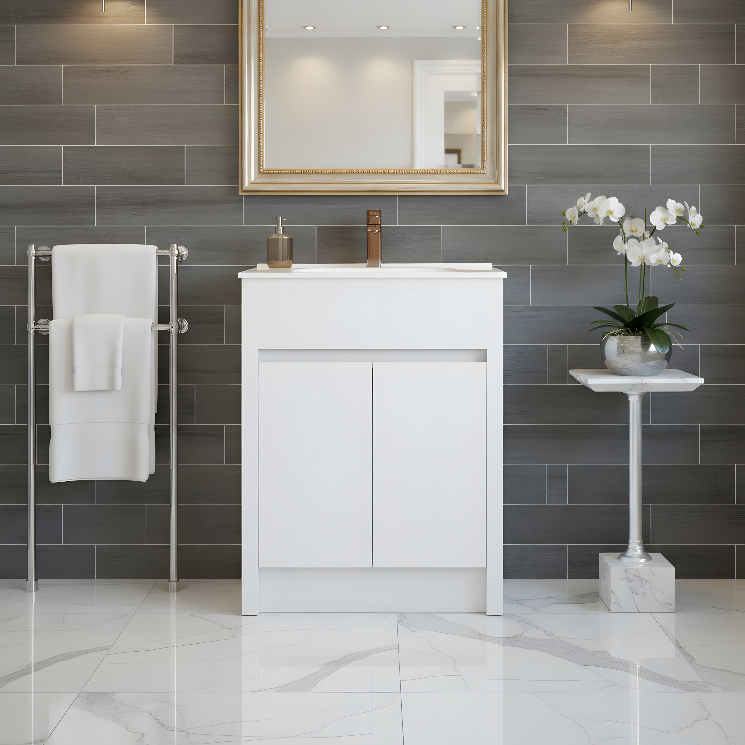 24" Matte White Freestanding Bathroom Vanity with White Ceramic Countertop-Migration_Bathroom Vanities-DECOROLALA