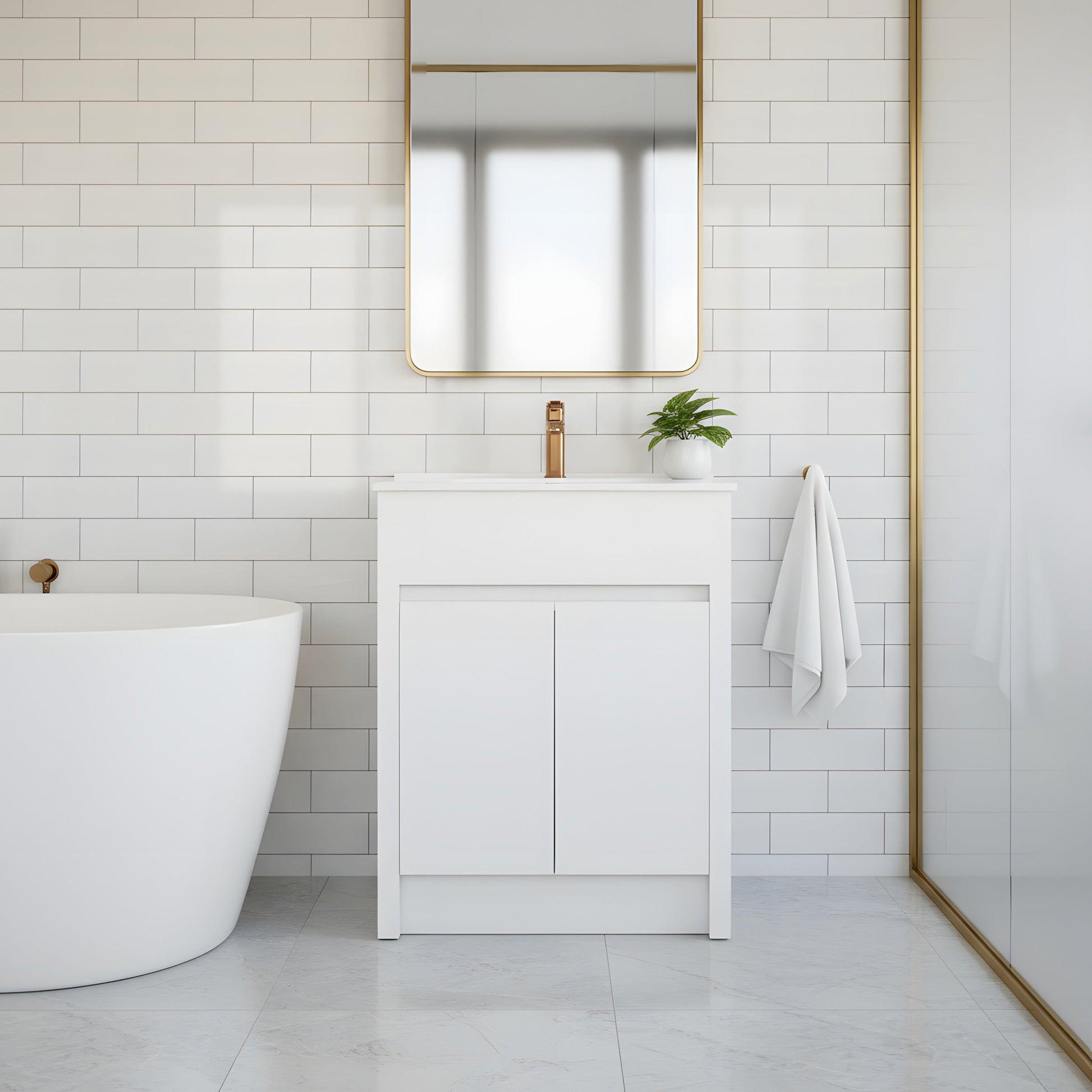 24" Matte White Freestanding Bathroom Vanity with White Ceramic Countertop-Migration_Bathroom Vanities-DECOROLALA