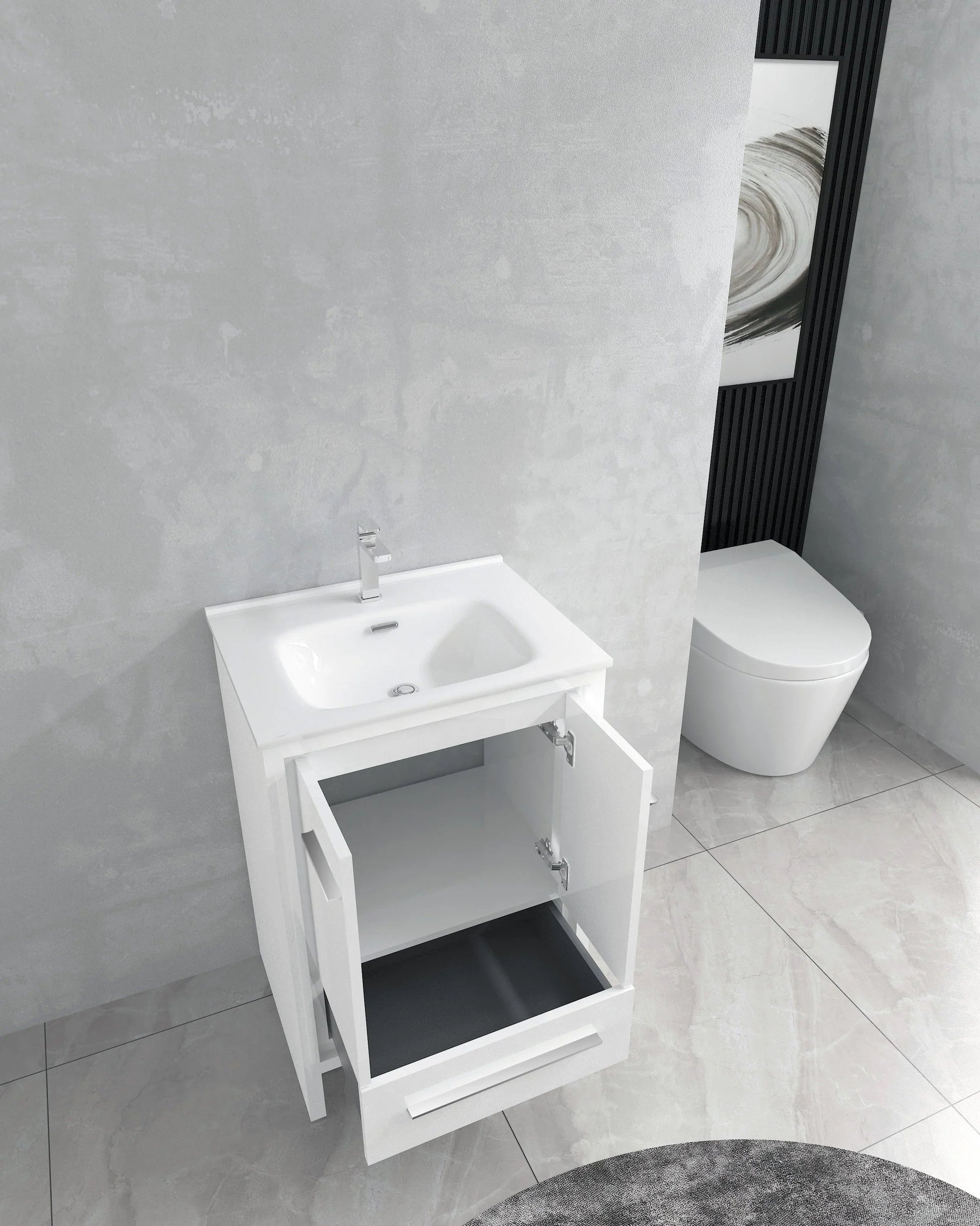 24" Matte White Freestanding Single Sink Bathroom Vanity with White Ceramic Countertop-Migration_Bathroom Vanities-DECOROLALA