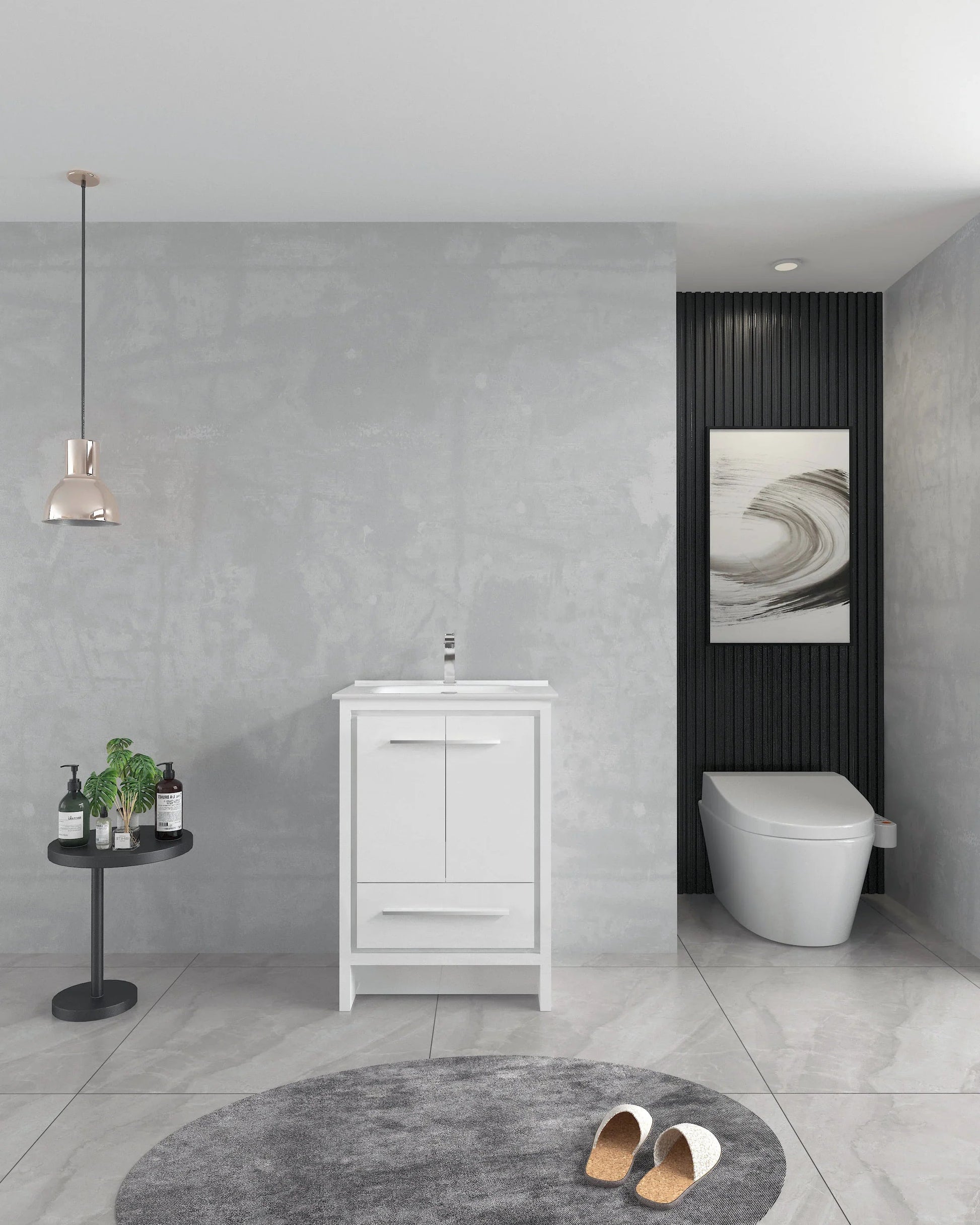 24" Matte White Freestanding Single Sink Bathroom Vanity with White Ceramic Countertop-Migration_Bathroom Vanities-DECOROLALA