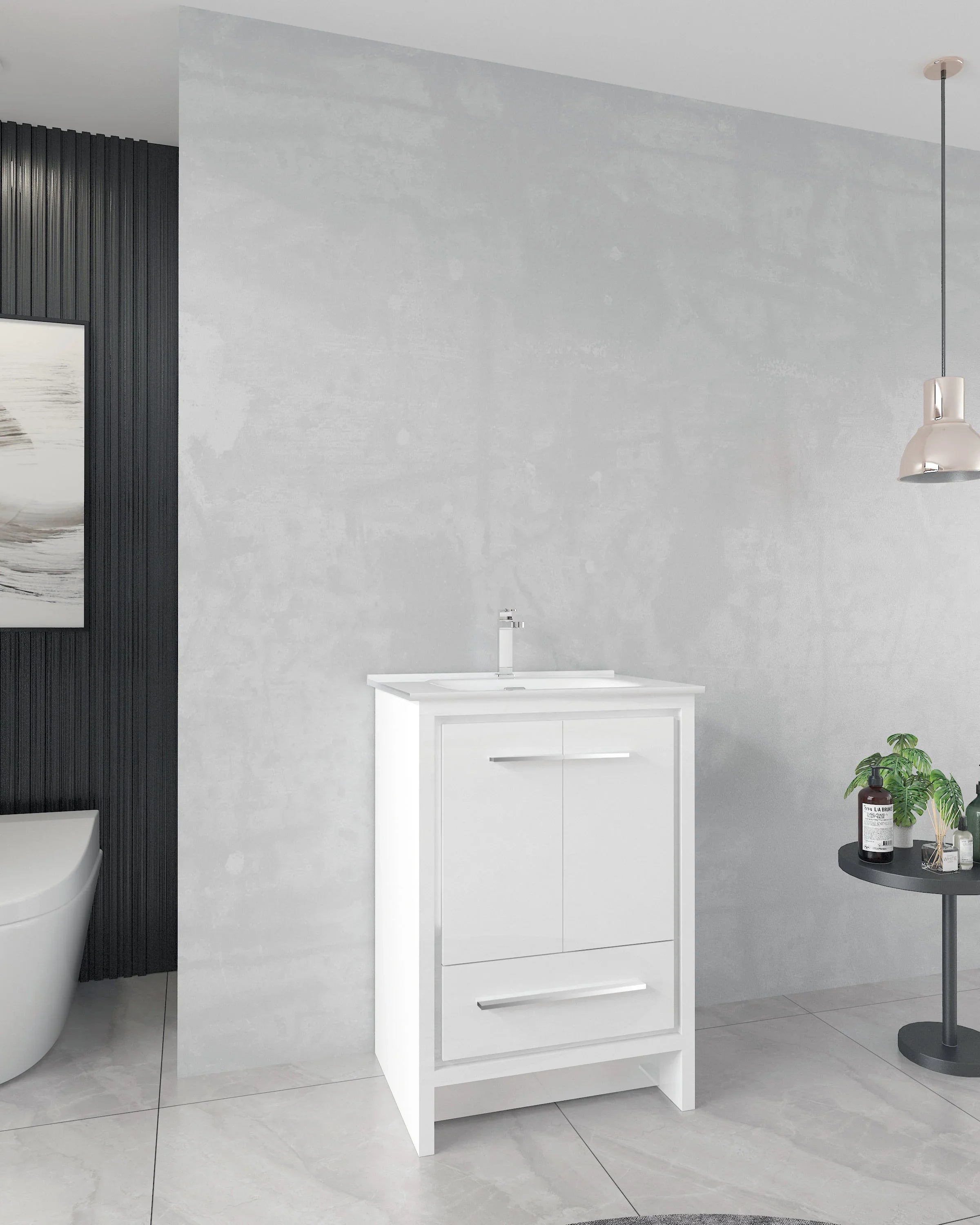 24" Matte White Freestanding Single Sink Bathroom Vanity with White Ceramic Countertop-Migration_Bathroom Vanities-DECOROLALA