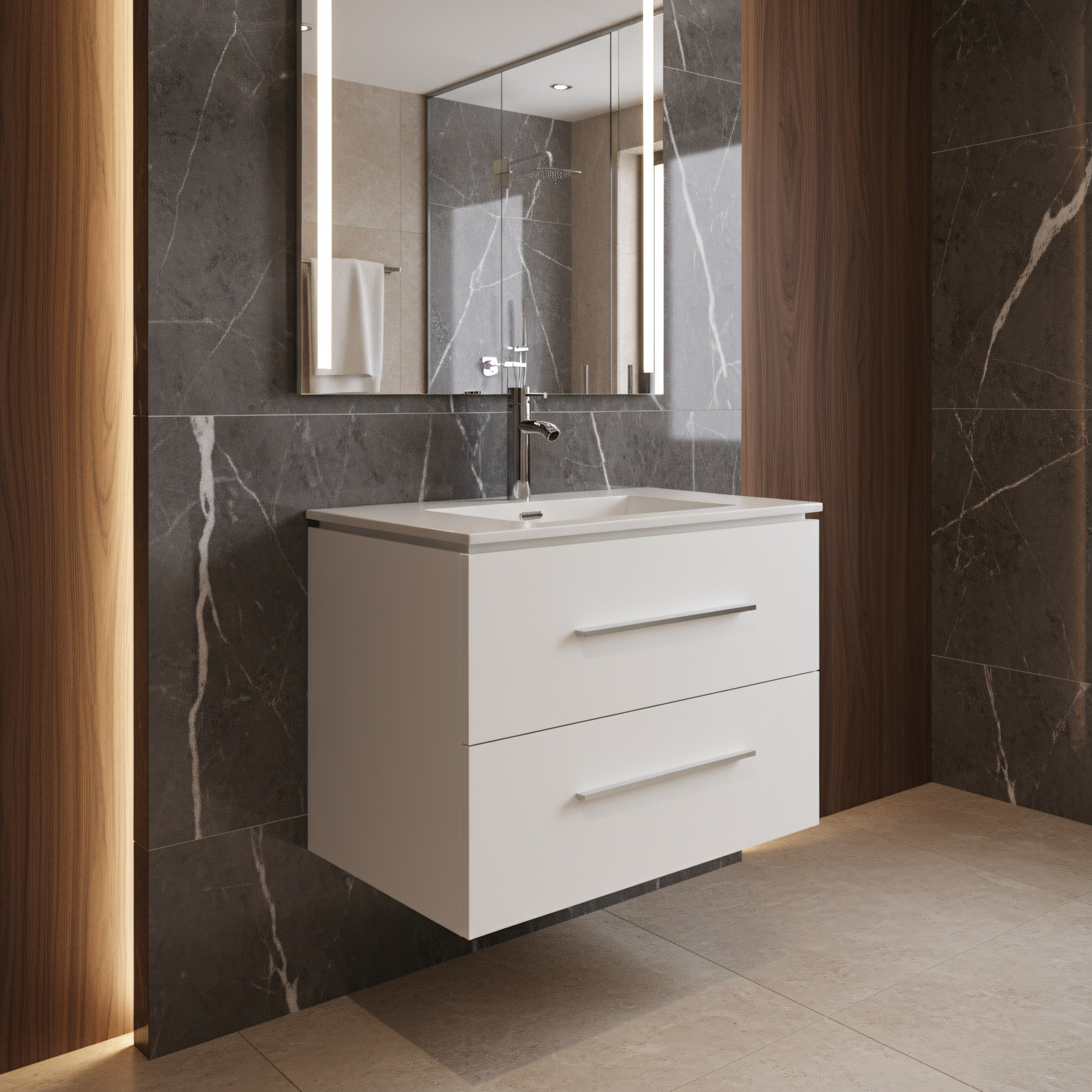 24" Matte White Wall Mount Bathroom Vanity with White Ceramic Countertop-Migration_Bathroom Vanities-DECOROLALA