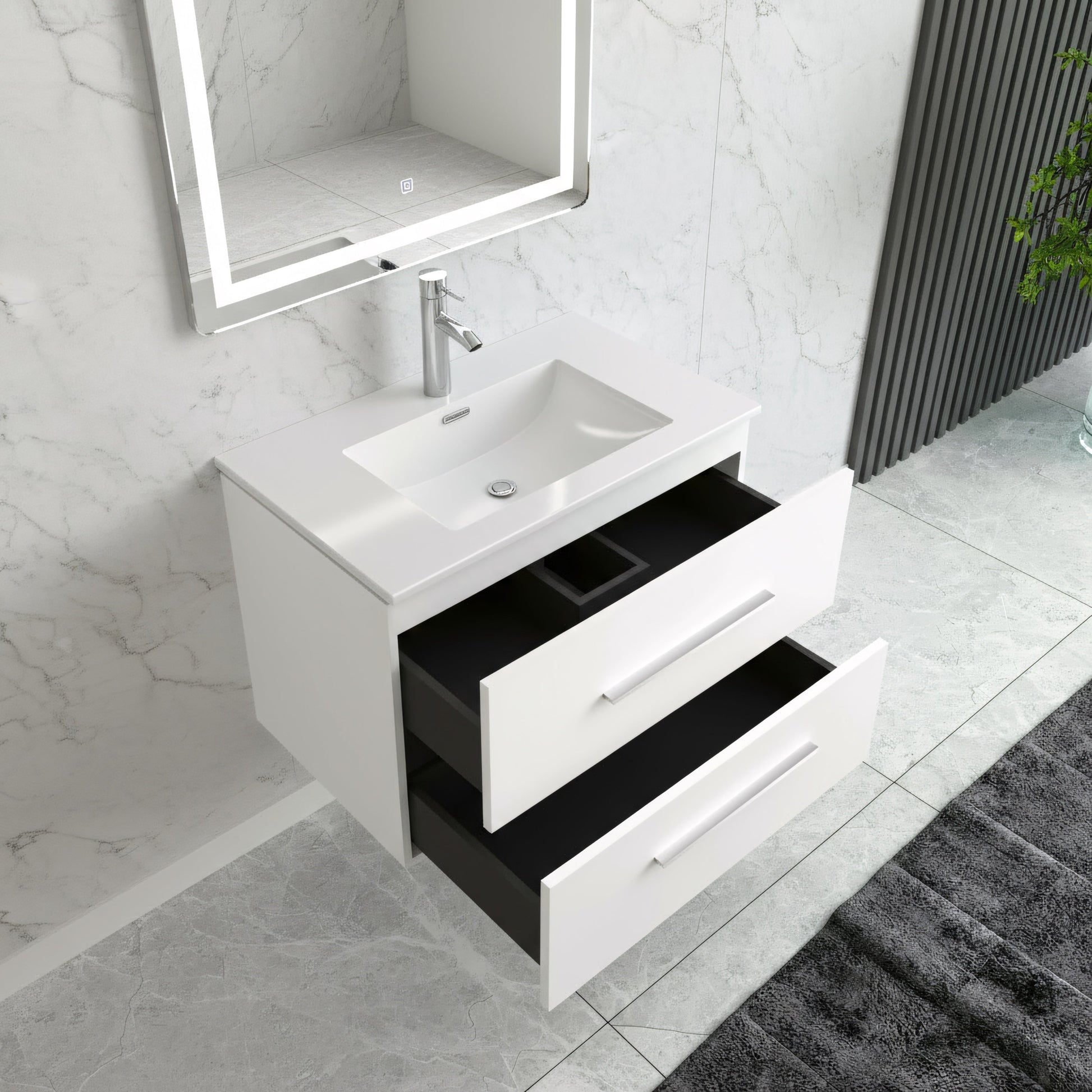 24" Matte White Wall Mount Bathroom Vanity with White Ceramic Countertop-Migration_Bathroom Vanities-DECOROLALA