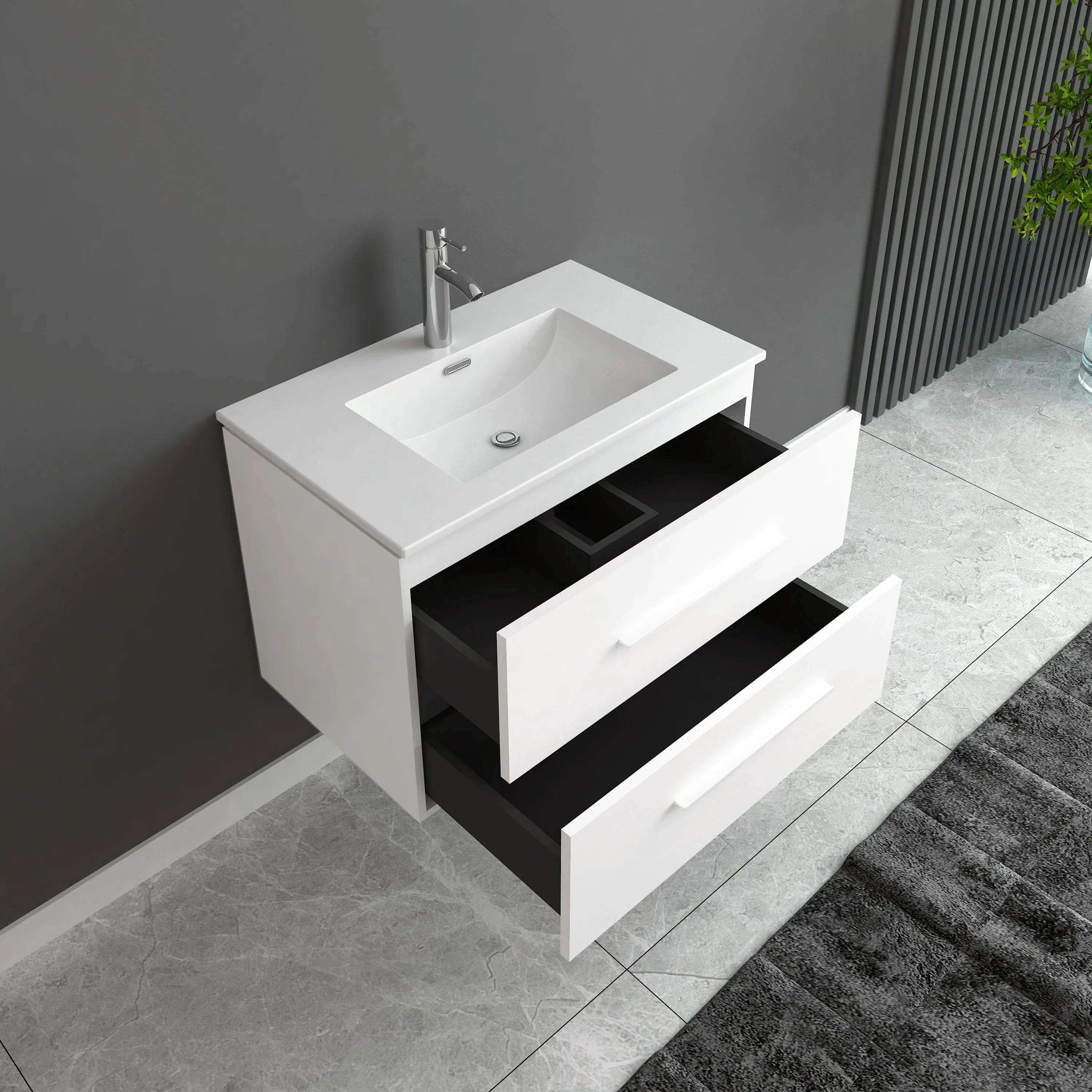 24" Matte White Wall Mount Bathroom Vanity with White Ceramic Countertop-Migration_Bathroom Vanities-DECOROLALA