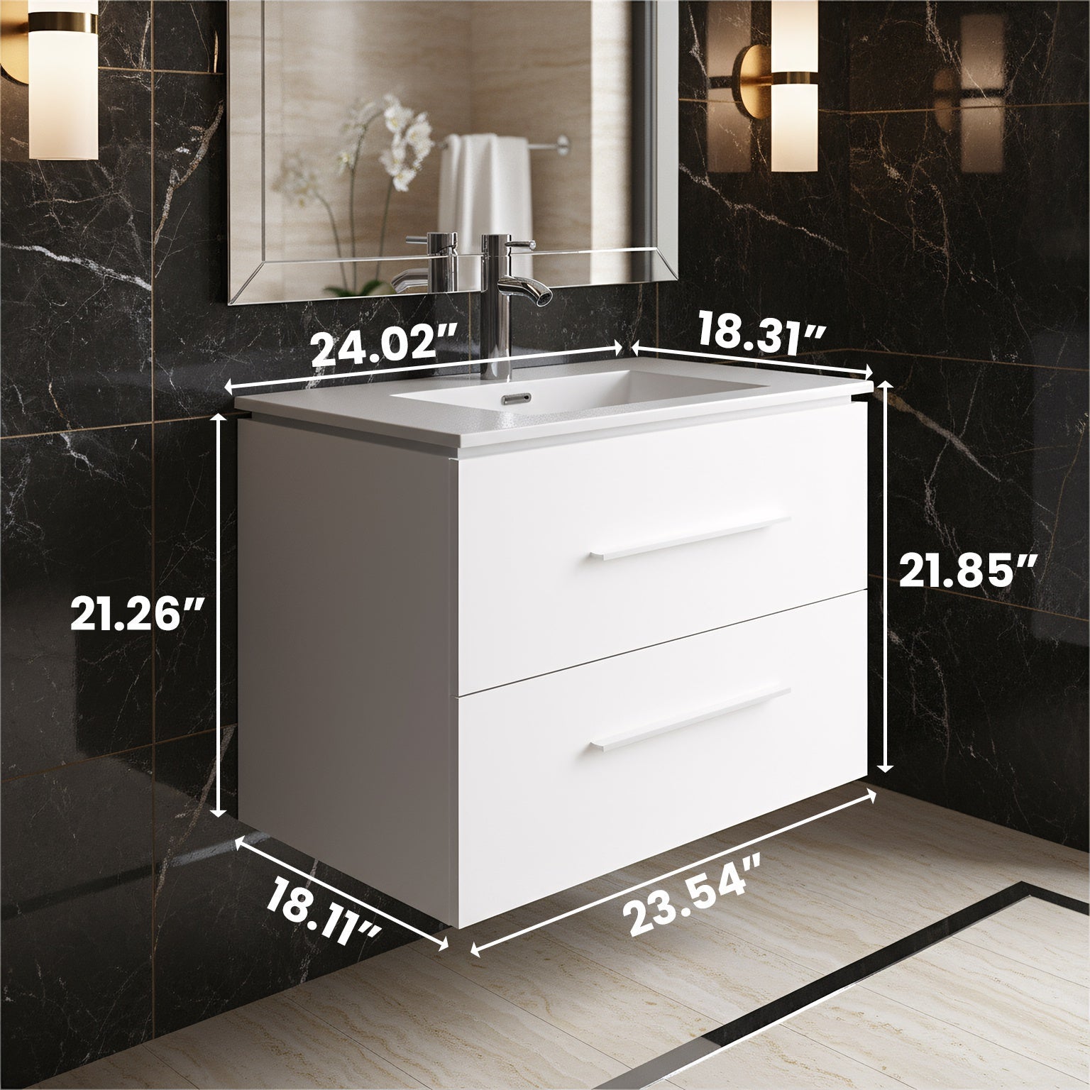 24" Matte White Wall Mount Bathroom Vanity with White Ceramic Countertop-Migration_Bathroom Vanities-DECOROLALA