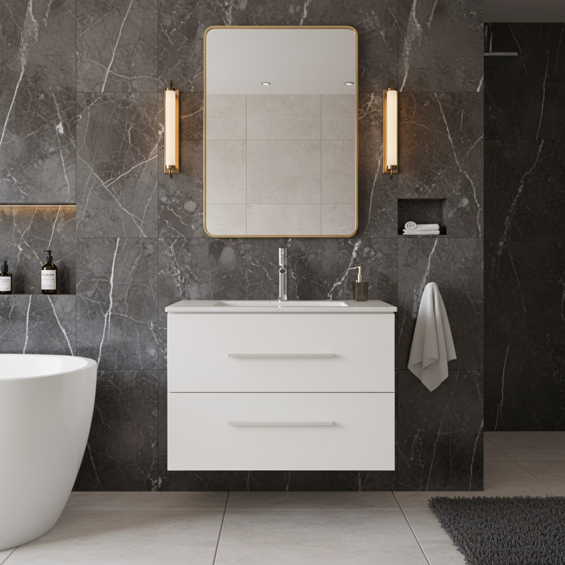 24" Matte White Wall Mount Bathroom Vanity with White Ceramic Countertop-Migration_Bathroom Vanities-DECOROLALA