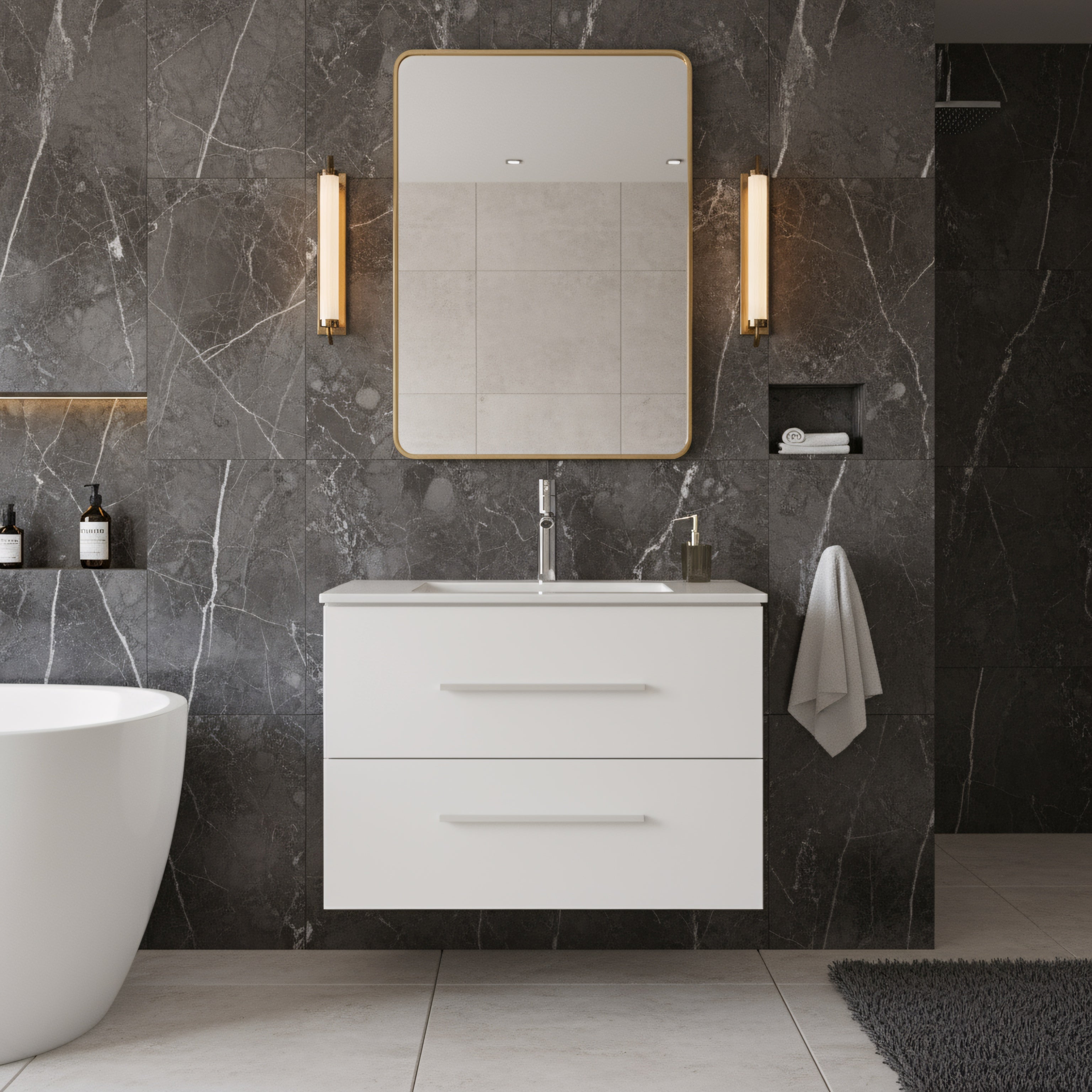 24" Matte White Wall Mount Bathroom Vanity with White Ceramic Countertop-Migration_Bathroom Vanities-DECOROLALA