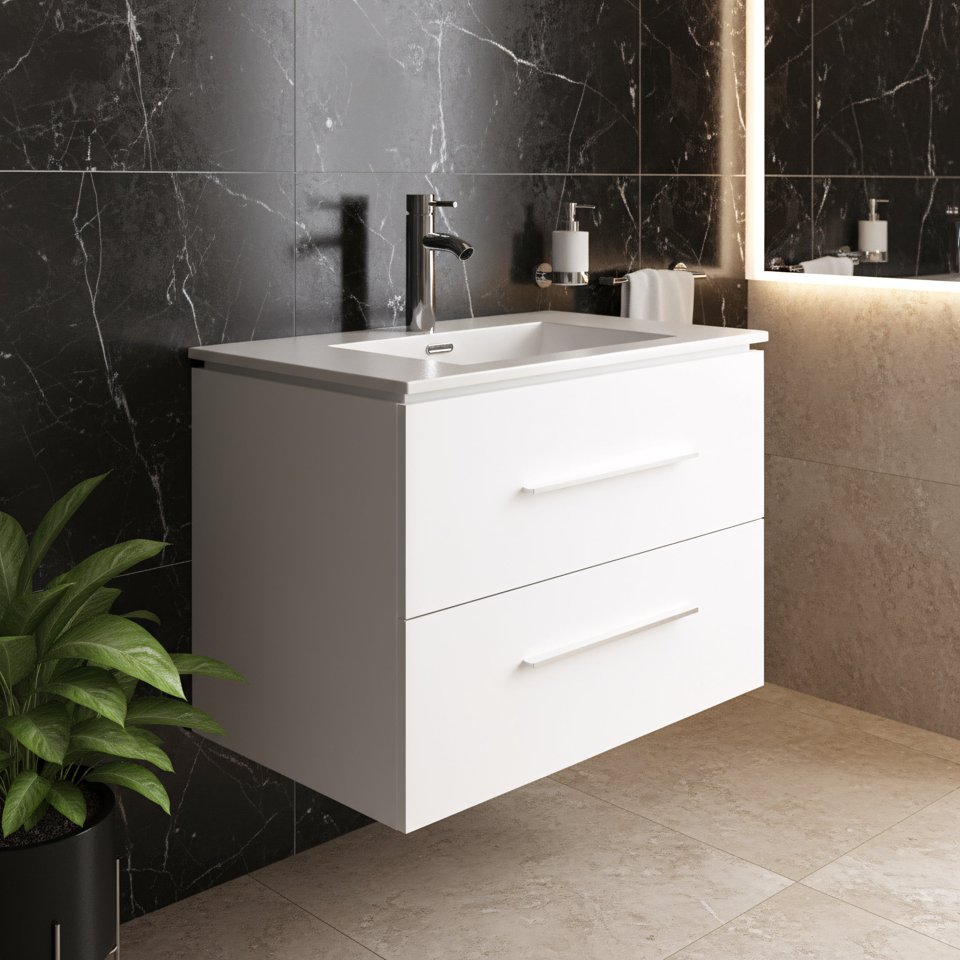 24" Matte White Wall Mount Bathroom Vanity with White Ceramic Countertop-Migration_Bathroom Vanities-DECOROLALA