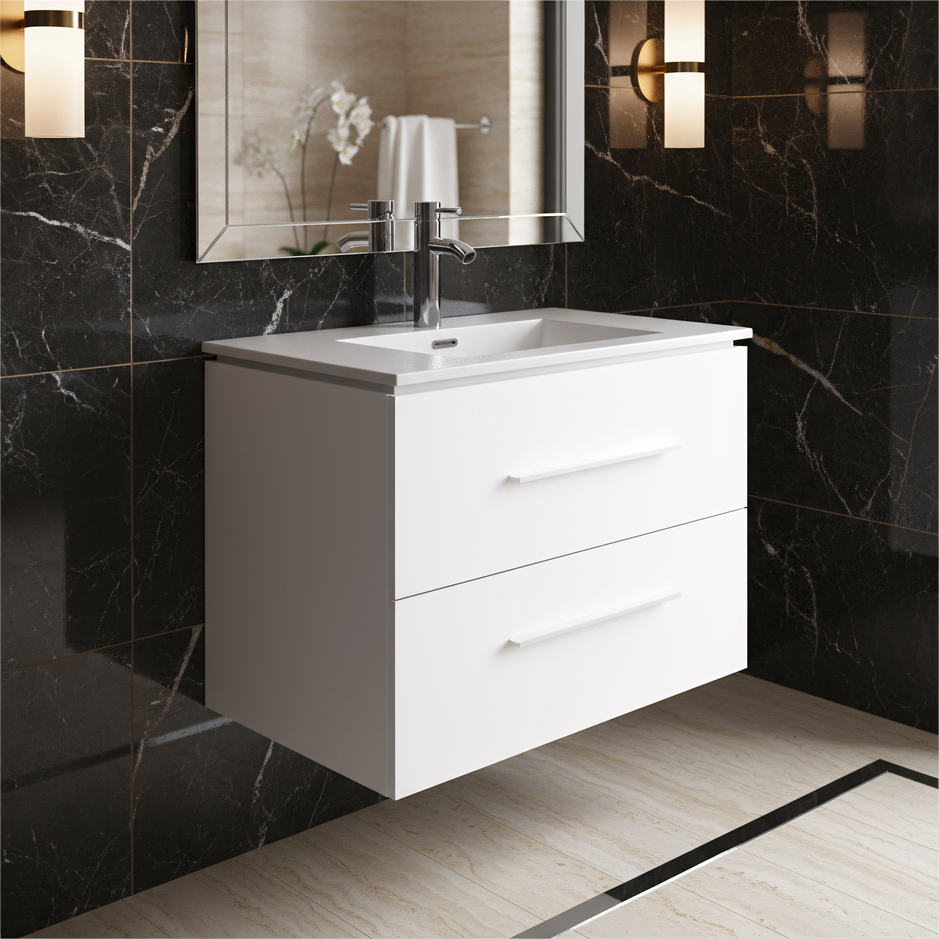 24" Matte White Wall Mount Bathroom Vanity with White Ceramic Countertop-Migration_Bathroom Vanities-DECOROLALA