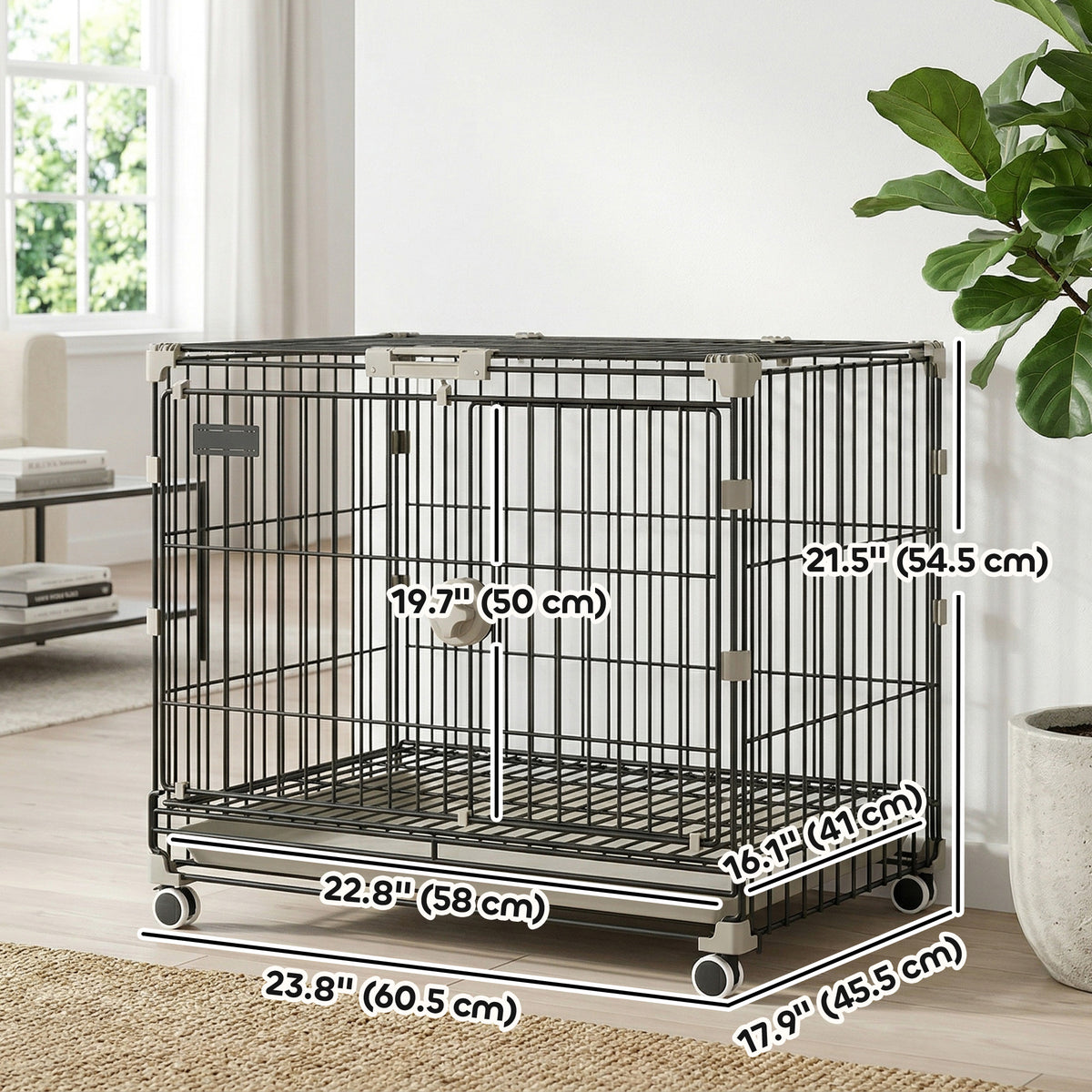 24" Metal Dog Crate with Wheels, 2 Doors and Tray - Black-Dogs-DECOROLALA