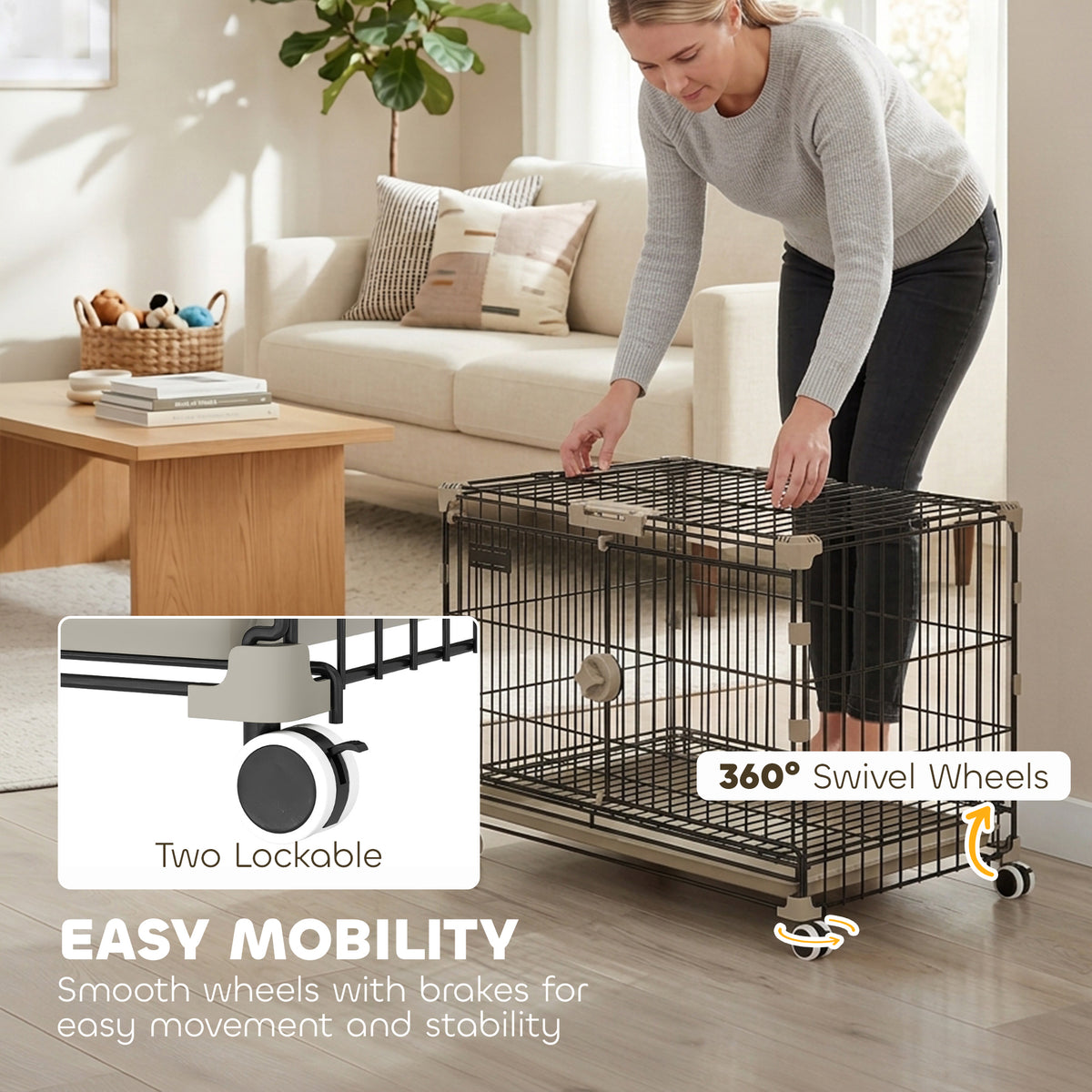 24" Metal Dog Crate with Wheels, 2 Doors and Tray - Black-Dogs-DECOROLALA