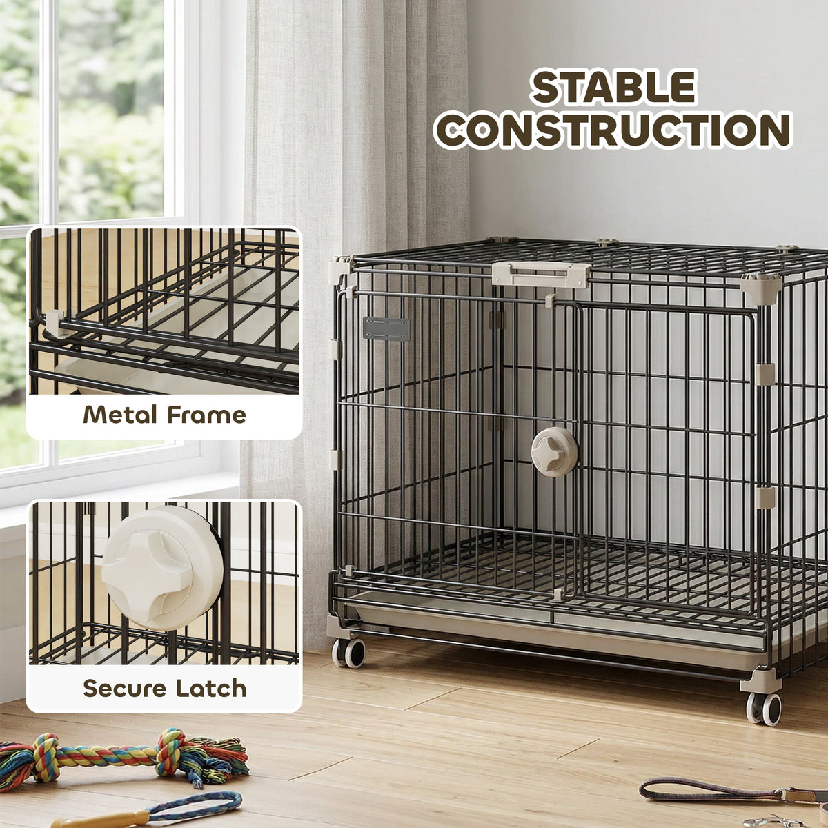 24" Metal Dog Crate with Wheels, 2 Doors and Tray - Black-Dogs-DECOROLALA