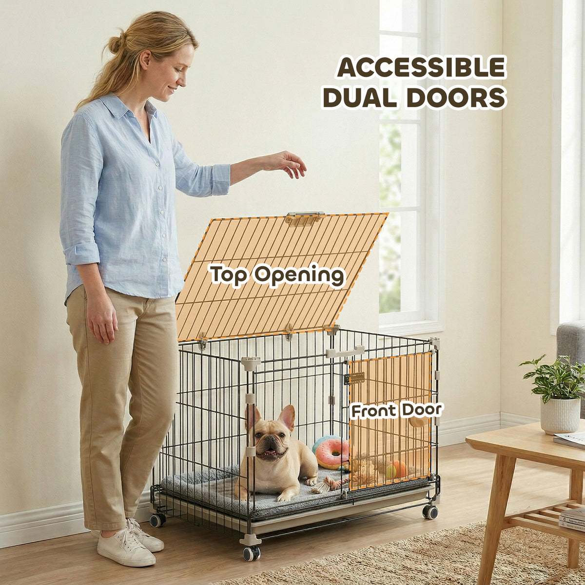 24" Metal Dog Crate with Wheels, 2 Doors and Tray - Black-Dogs-DECOROLALA