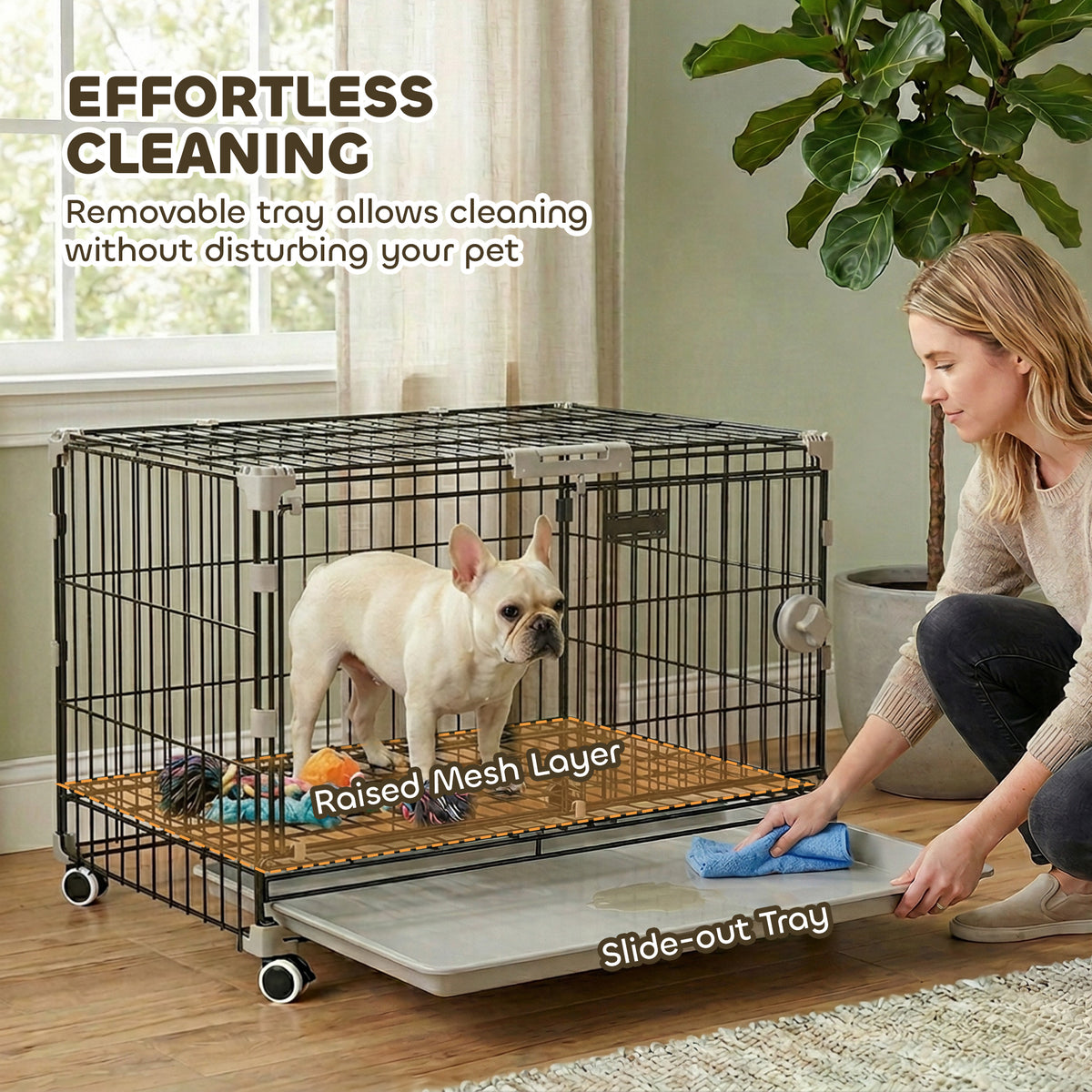 24" Metal Dog Crate with Wheels, 2 Doors and Tray - Black-Dogs-DECOROLALA
