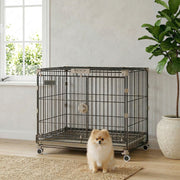 24" Metal Dog Crate with Wheels, 2 Doors and Tray - Black-Dogs-DECOROLALA
