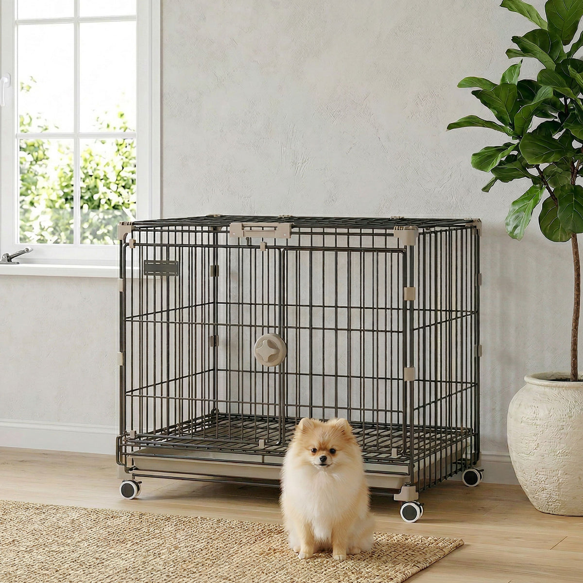 24" Metal Dog Crate with Wheels, 2 Doors and Tray - Black-Dogs-DECOROLALA