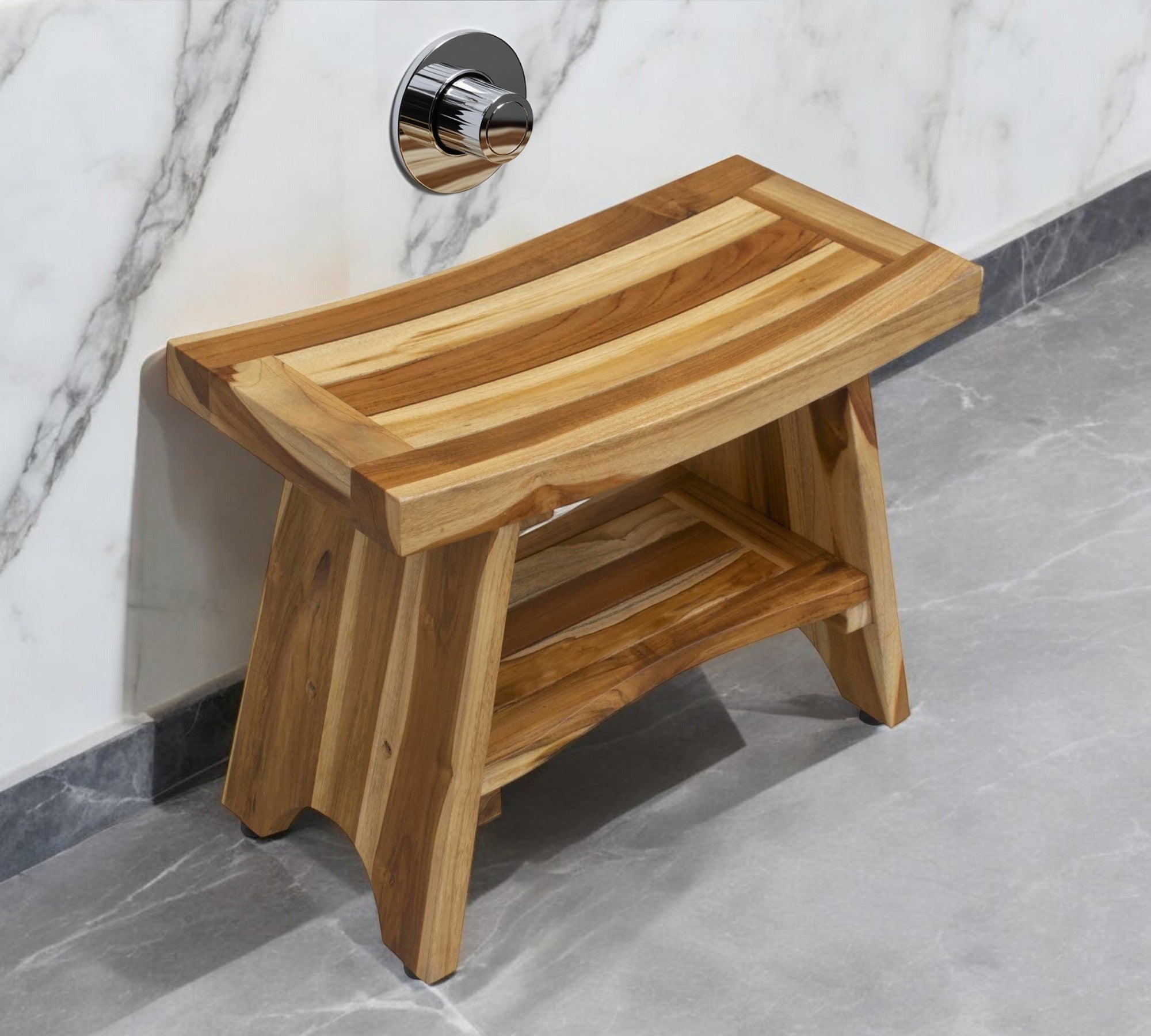24" Natural Teak Rectangular Shower Bench With Shelf-Shower Benches-DECOROLALA