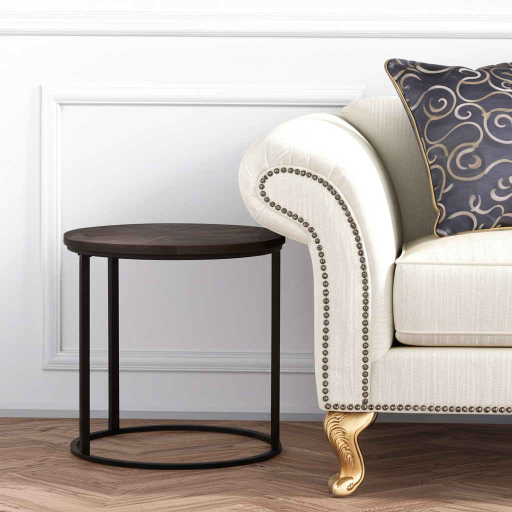 24" Natural Wood Solid Wood And Iron Round End Table-End-Side Tables-DECOROLALA