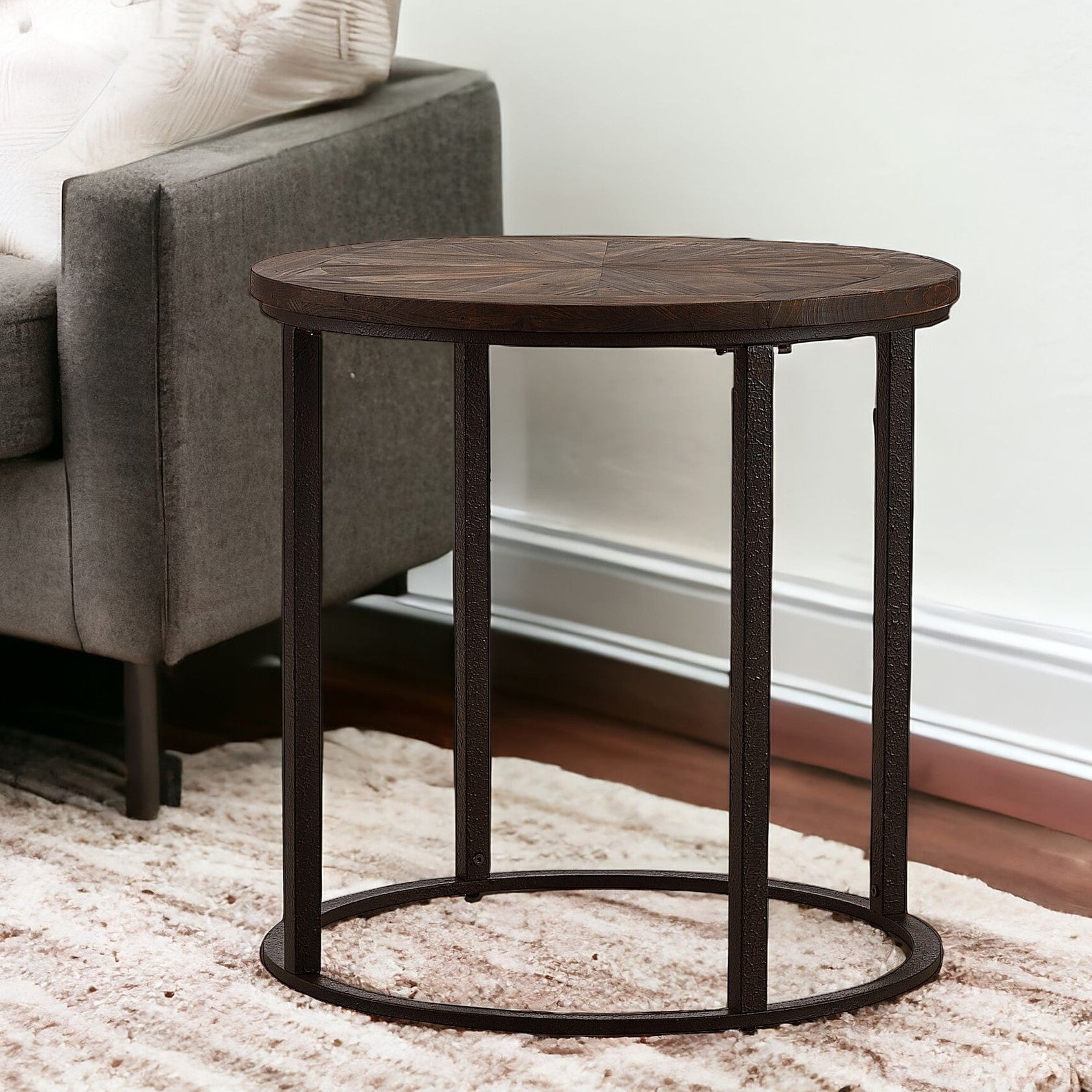 24" Natural Wood Solid Wood And Iron Round End Table-End-Side Tables-DECOROLALA